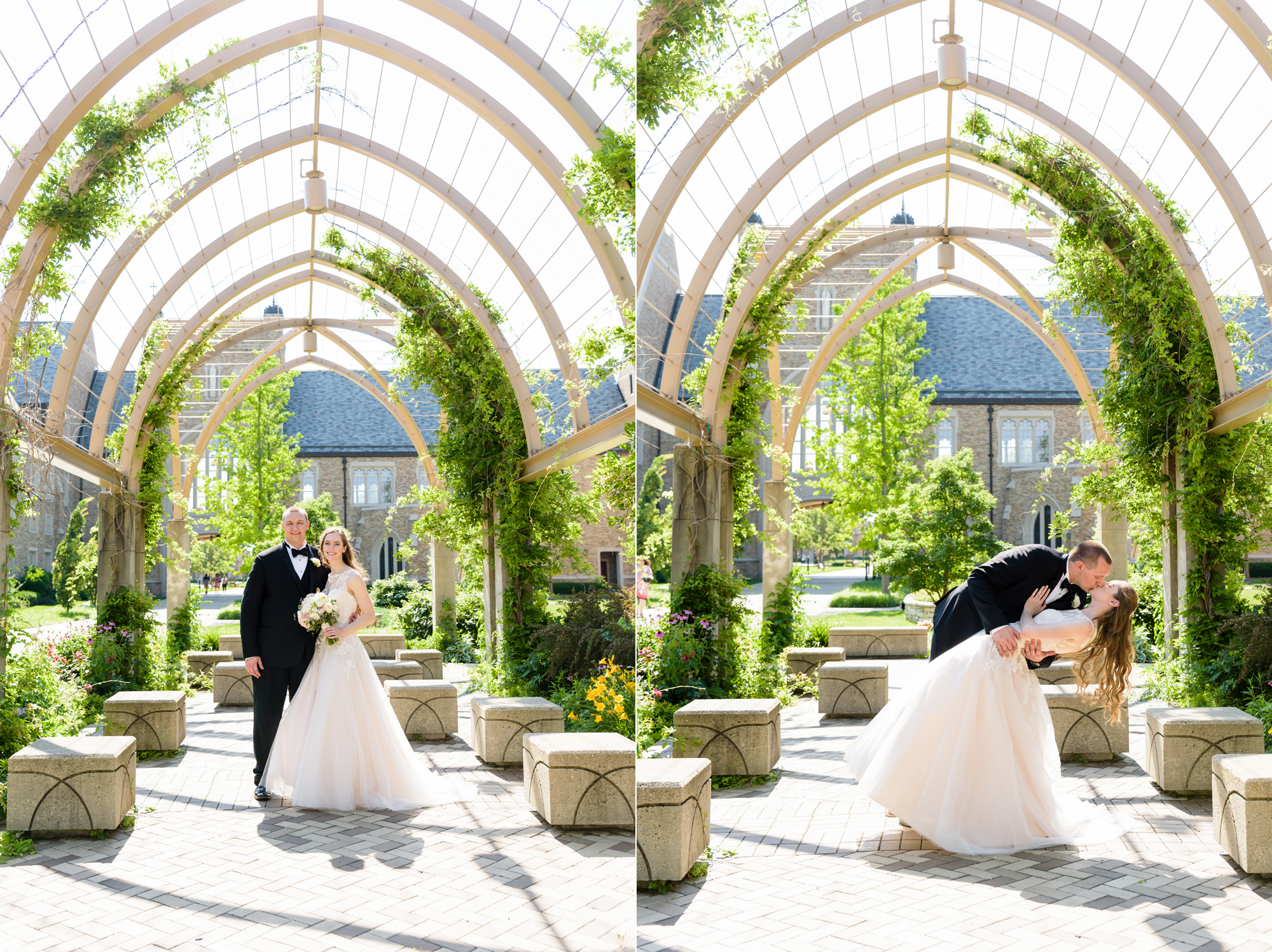 Bride & Groom sesquicentennial common pergola after their wedding ceremony at the Basilica of the Sacred Heart on the campus of the University of Notre Dame