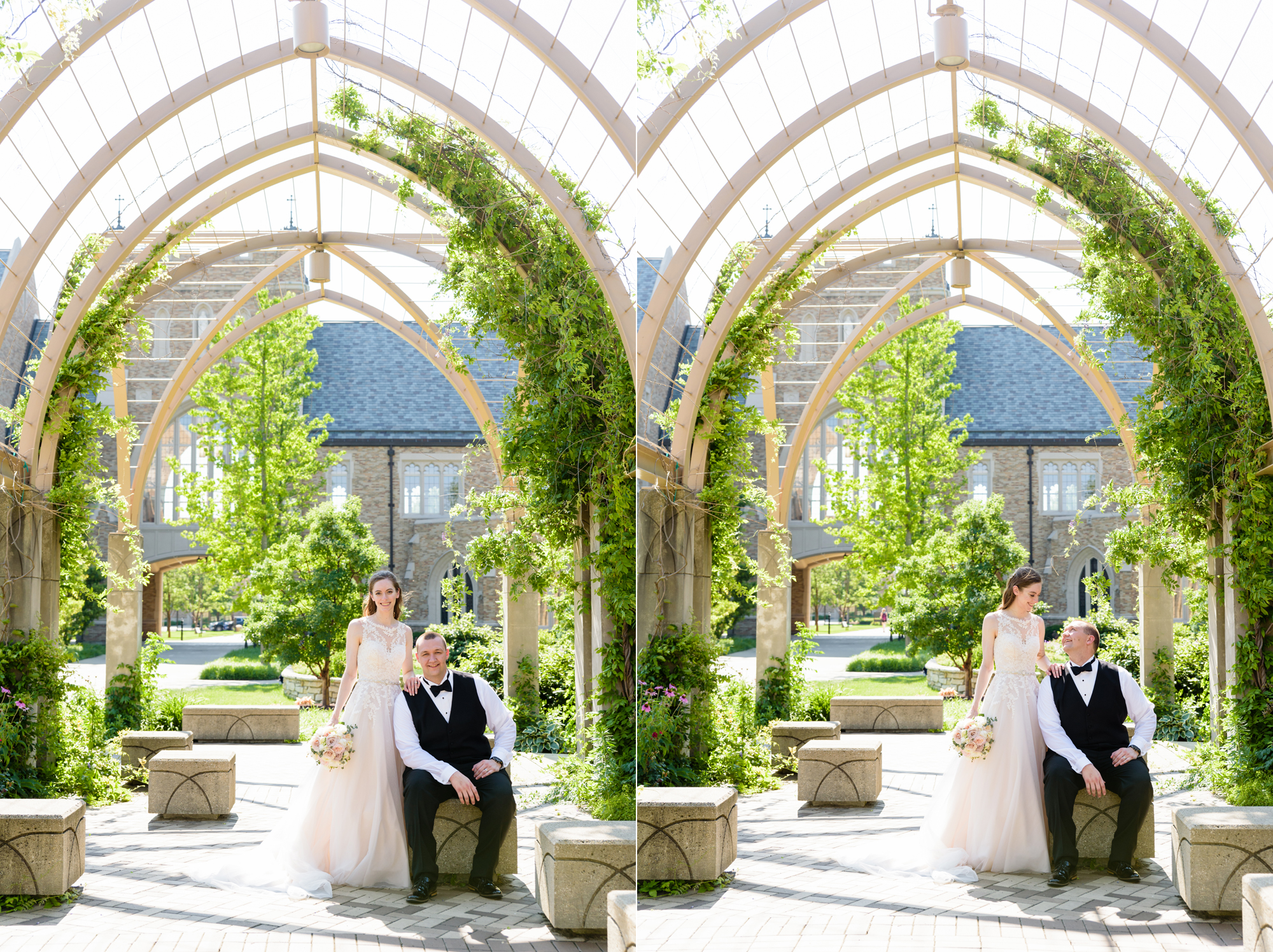 Bride & Groom sesquicentennial common pergola after their wedding ceremony at the Basilica of the Sacred Heart on the campus of the University of Notre Dame