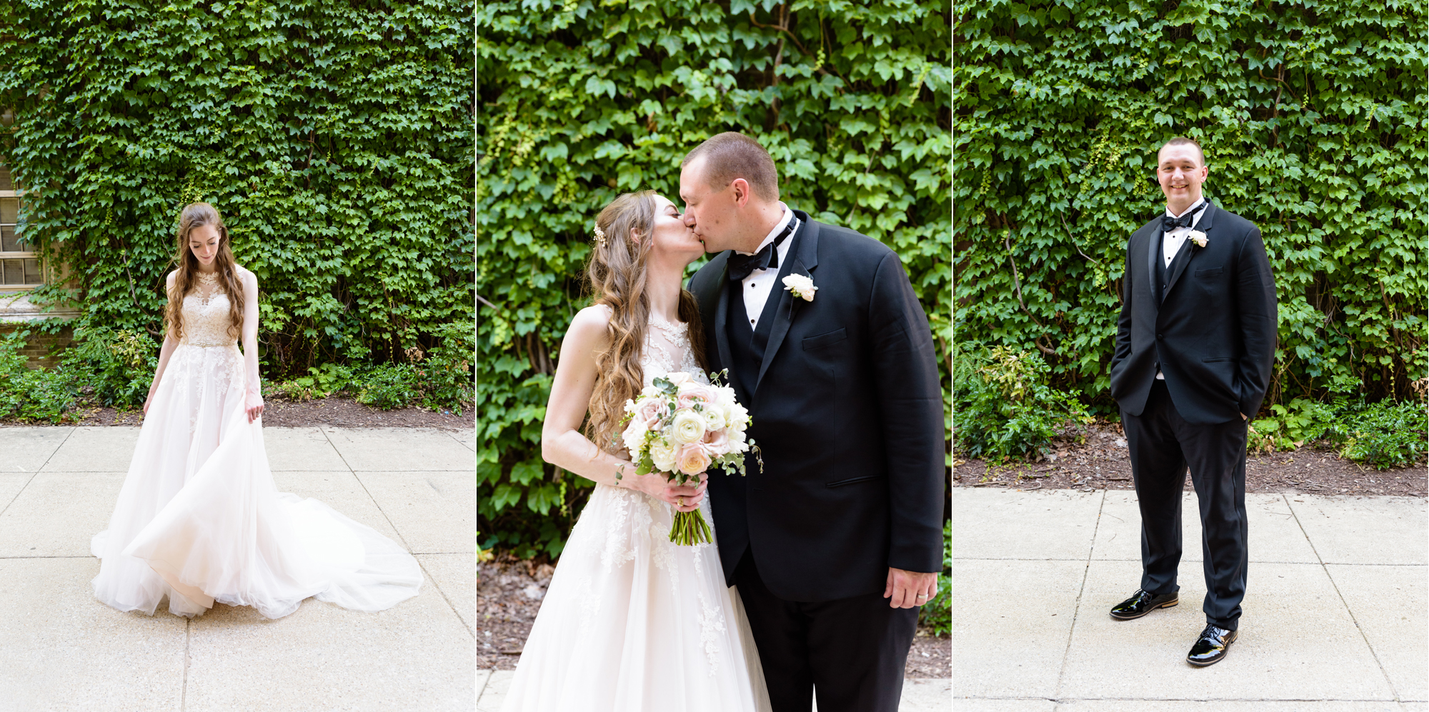 Bride & Groom outside Fitzpatrick hall of engineering after their wedding ceremony at the Basilica of the Sacred Heart on the campus of the University of Notre Dame