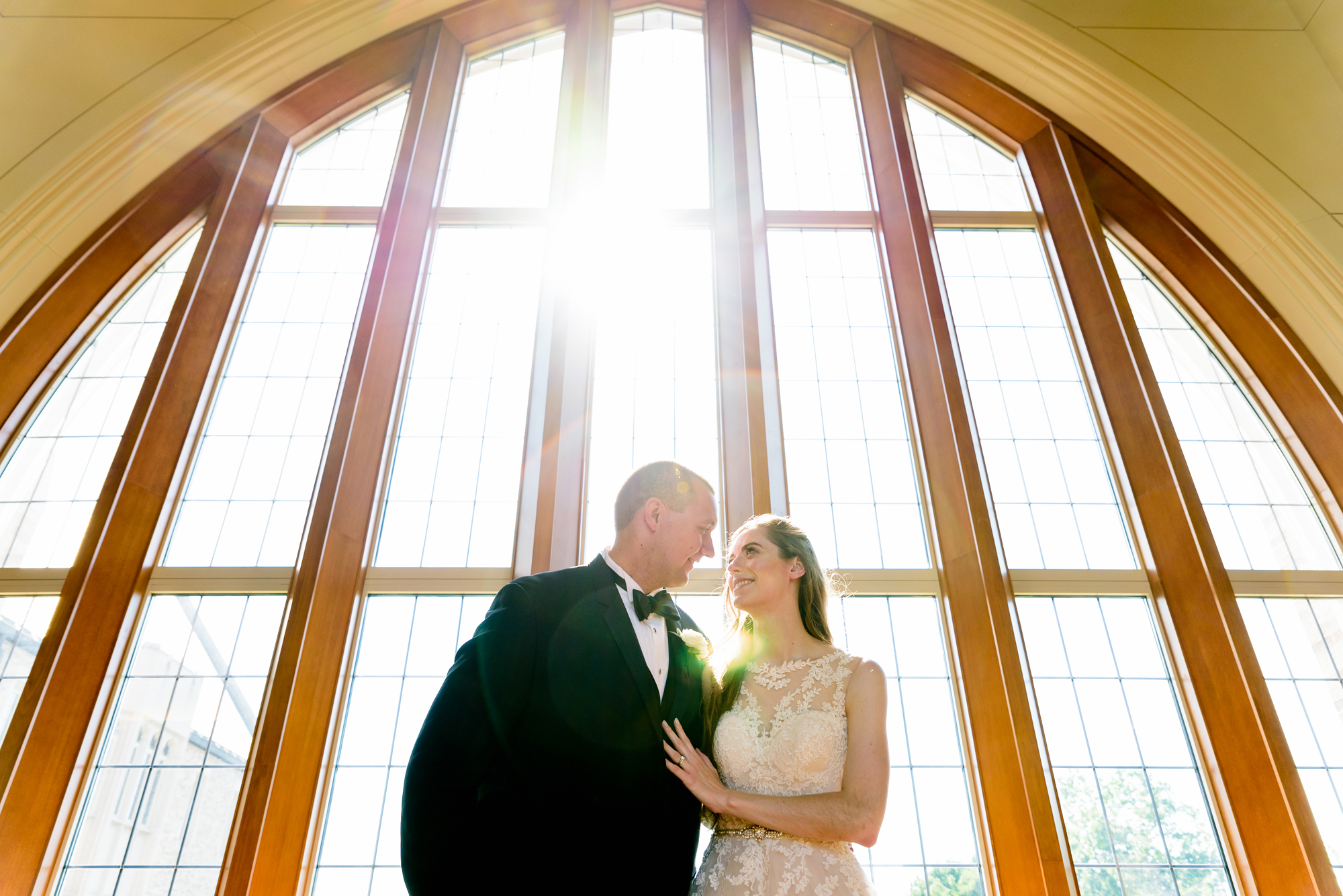 Bride & Groom in the Law library study hall after their wedding ceremony at the Basilica of the Sacred Heart on the campus of the University of Notre Dame