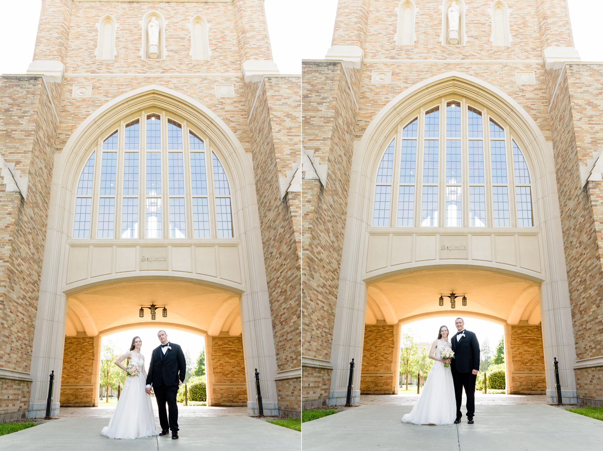 Bride & Groom under the law library after their wedding ceremony at the Basilica of the Sacred Heart on the campus of the University of Notre Dame