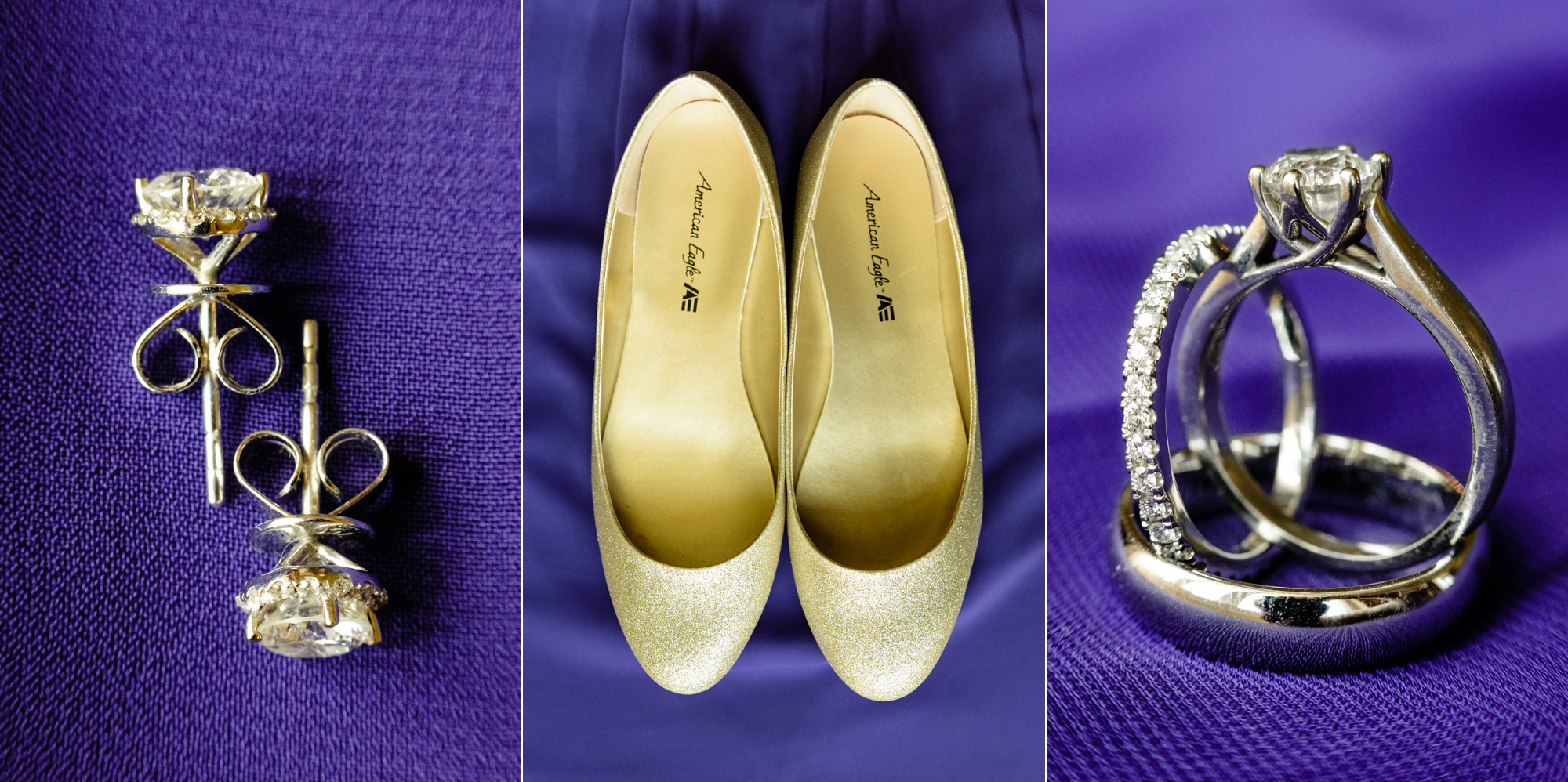 Bride’s Details earrings, shoes, wedding ring set for her wedding ceremony at the Basilica of the Sacred Heart on the campus of the University of Notre Dame