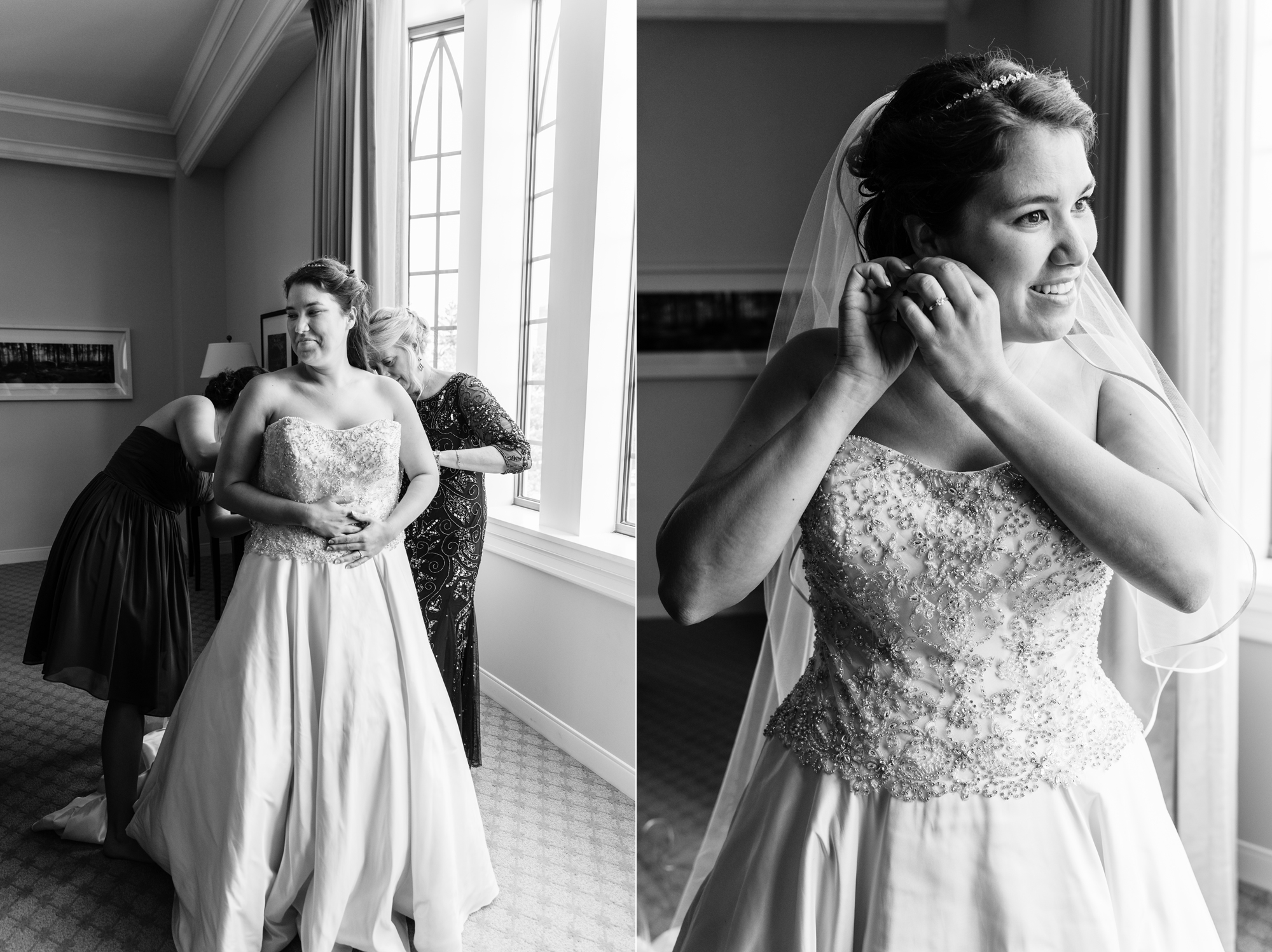 Bride getting ready for her wedding ceremony at the Basilica of the Sacred Heart on the campus of the University of Notre Dame