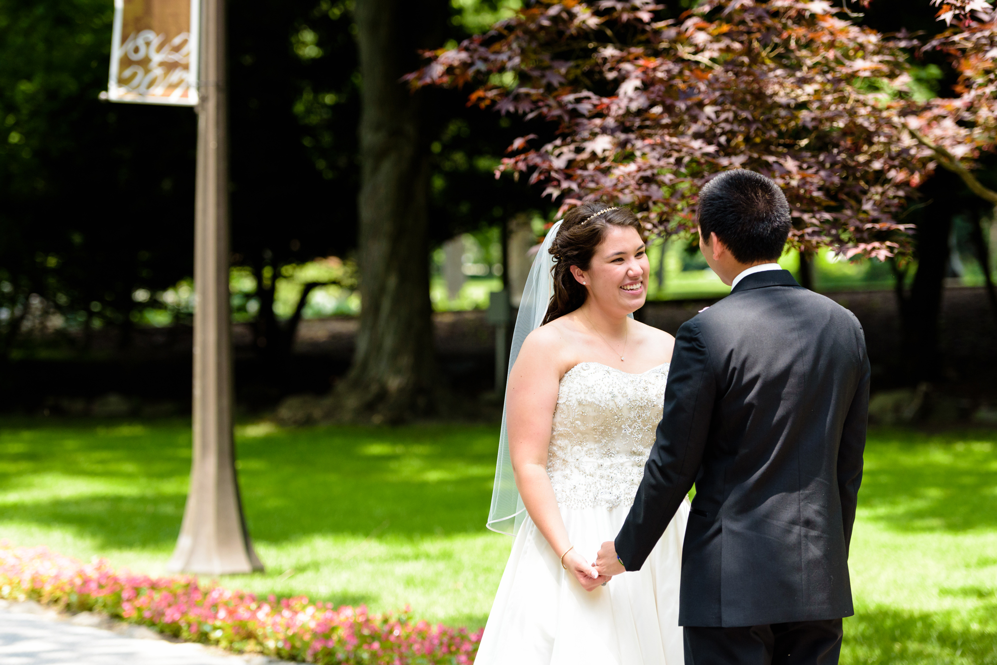 Bride & Groom first look before their wedding ceremony at the Basilica of the Sacred Heart on the campus of the University of Notre Dame