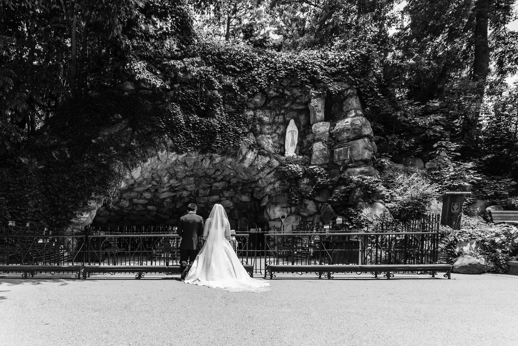 Bride & Groom at the Grotto before their wedding ceremony at the Basilica of the Sacred Heart on the campus of the University of Notre Dame