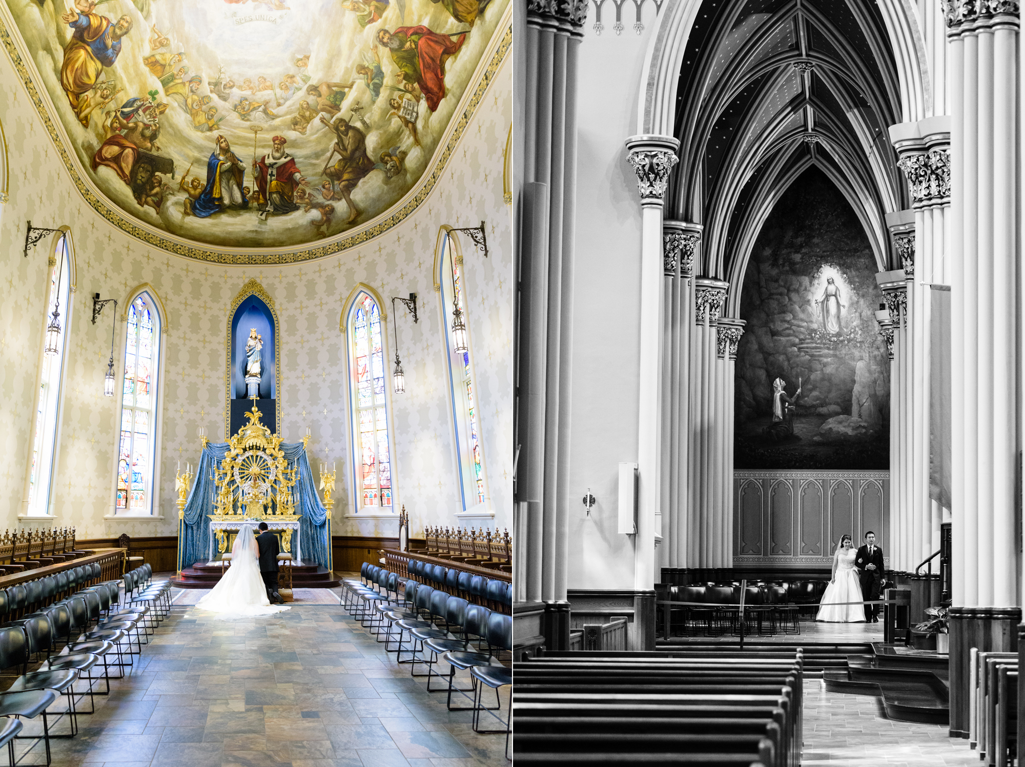 Wedding ceremony praying to Mary at the Basilica of the Sacred Heart on the campus of the University of Notre Dame