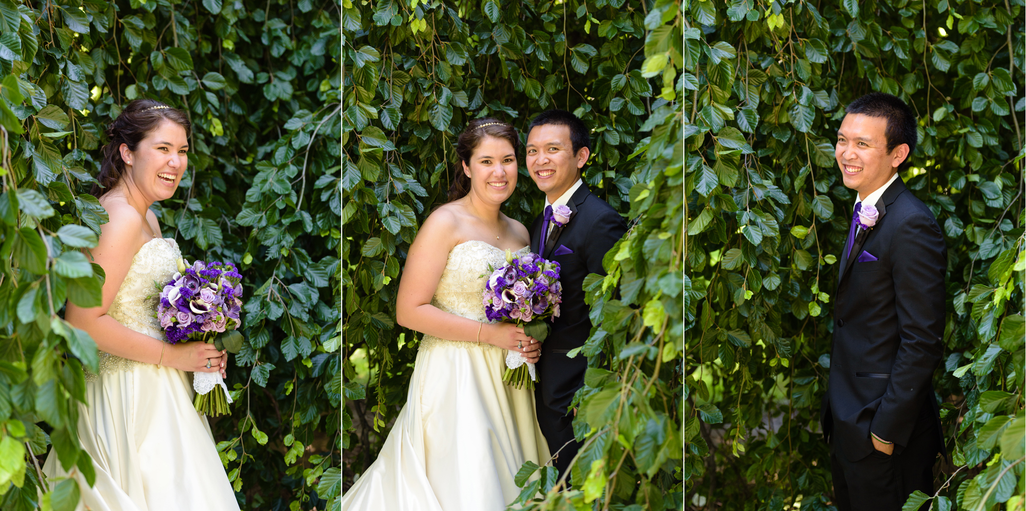 Bride & Groom in front of an exotic California inspired tree after their wedding ceremony at the Basilica of the Sacred Heart on the campus of the University of Notre Dame