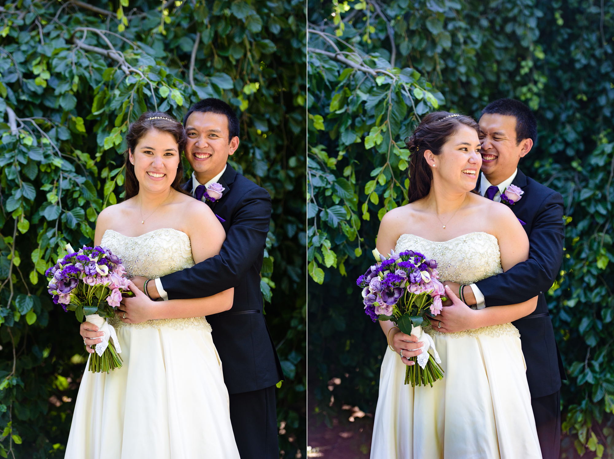 Bride & Groom in front of an exotic California inspired tree after their wedding ceremony at the Basilica of the Sacred Heart on the campus of the University of Notre Dame