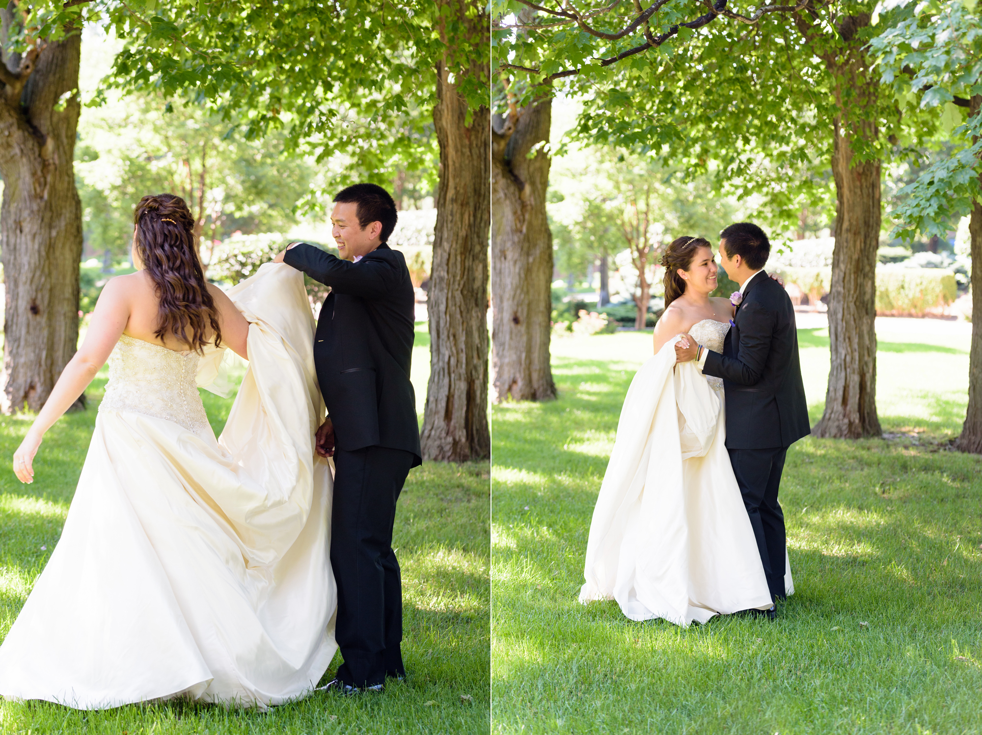 Bride & Groom dancing on South Quad after their wedding ceremony at the Basilica of the Sacred Heart on the campus of the University of Notre Dame