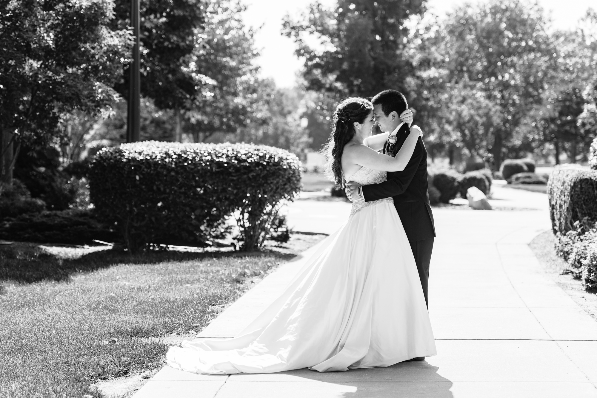 Bride & Groom on South Quad after their wedding ceremony at the Basilica of the Sacred Heart on the campus of the University of Notre Dame