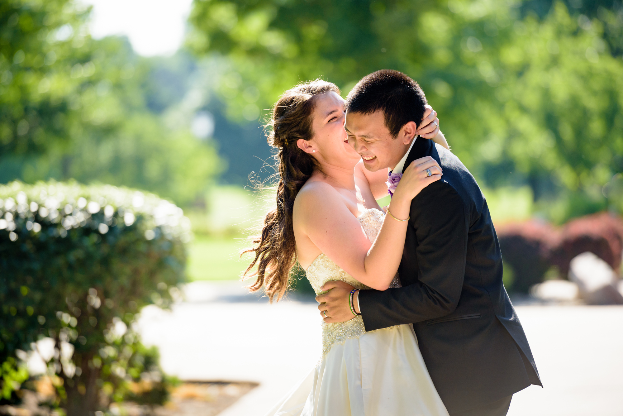 Bride & Groom on South Quad after their wedding ceremony at the Basilica of the Sacred Heart on the campus of the University of Notre Dame