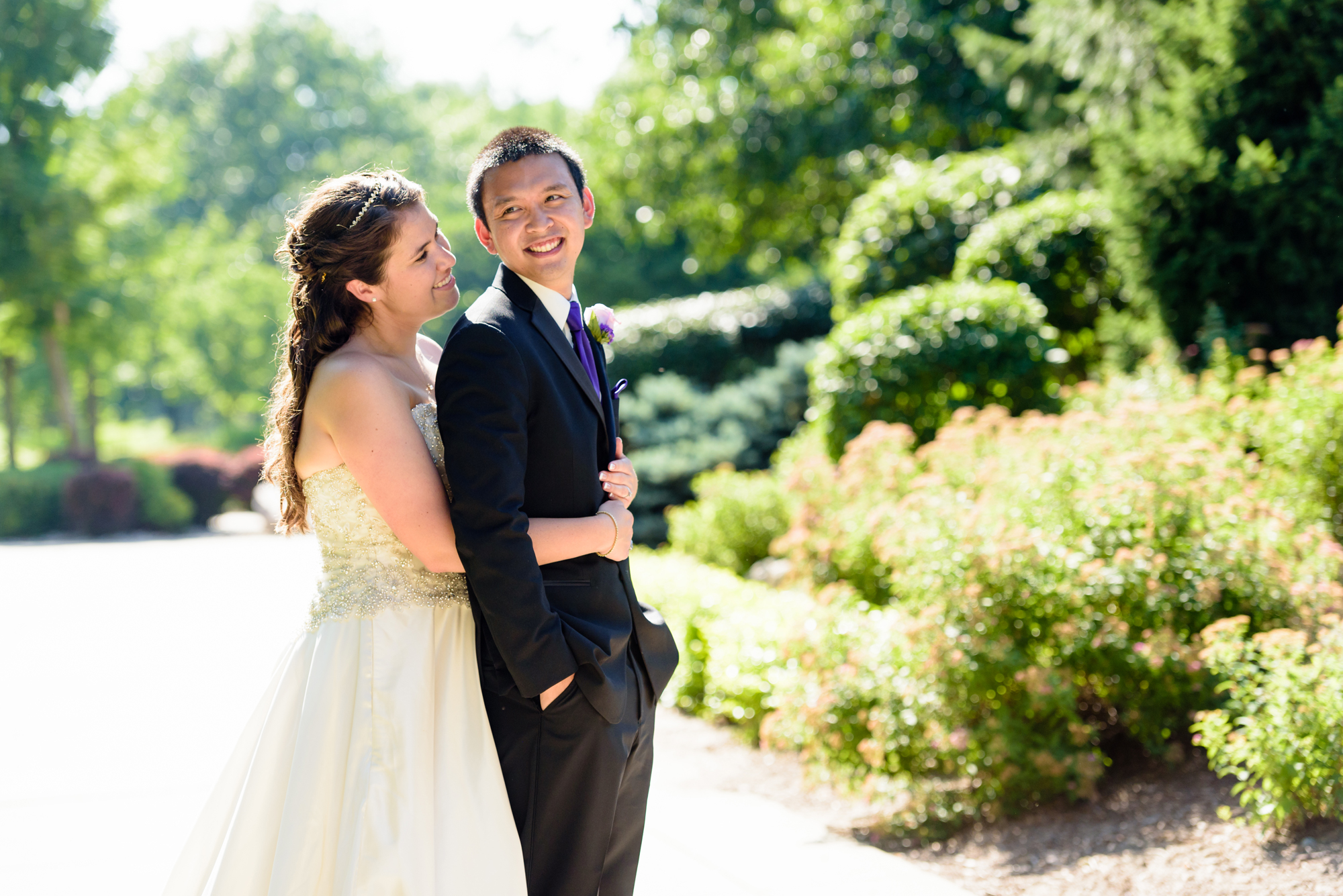 Bride & Groom on South Quad after their wedding ceremony at the Basilica of the Sacred Heart on the campus of the University of Notre Dame