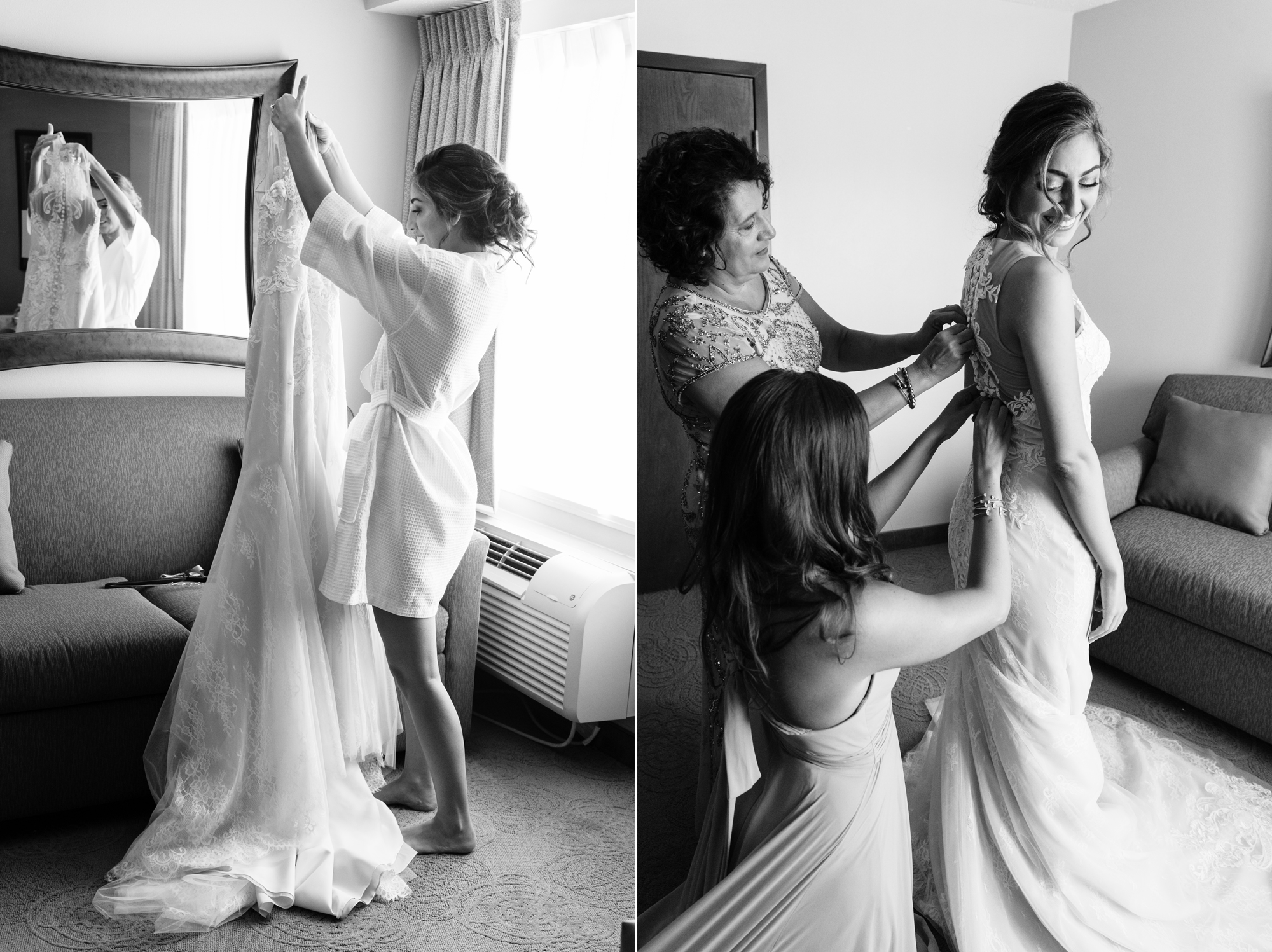 Bride getting ready for her wedding ceremony at the Basilica of the Sacred Heart on the campus of the University of Notre Dame