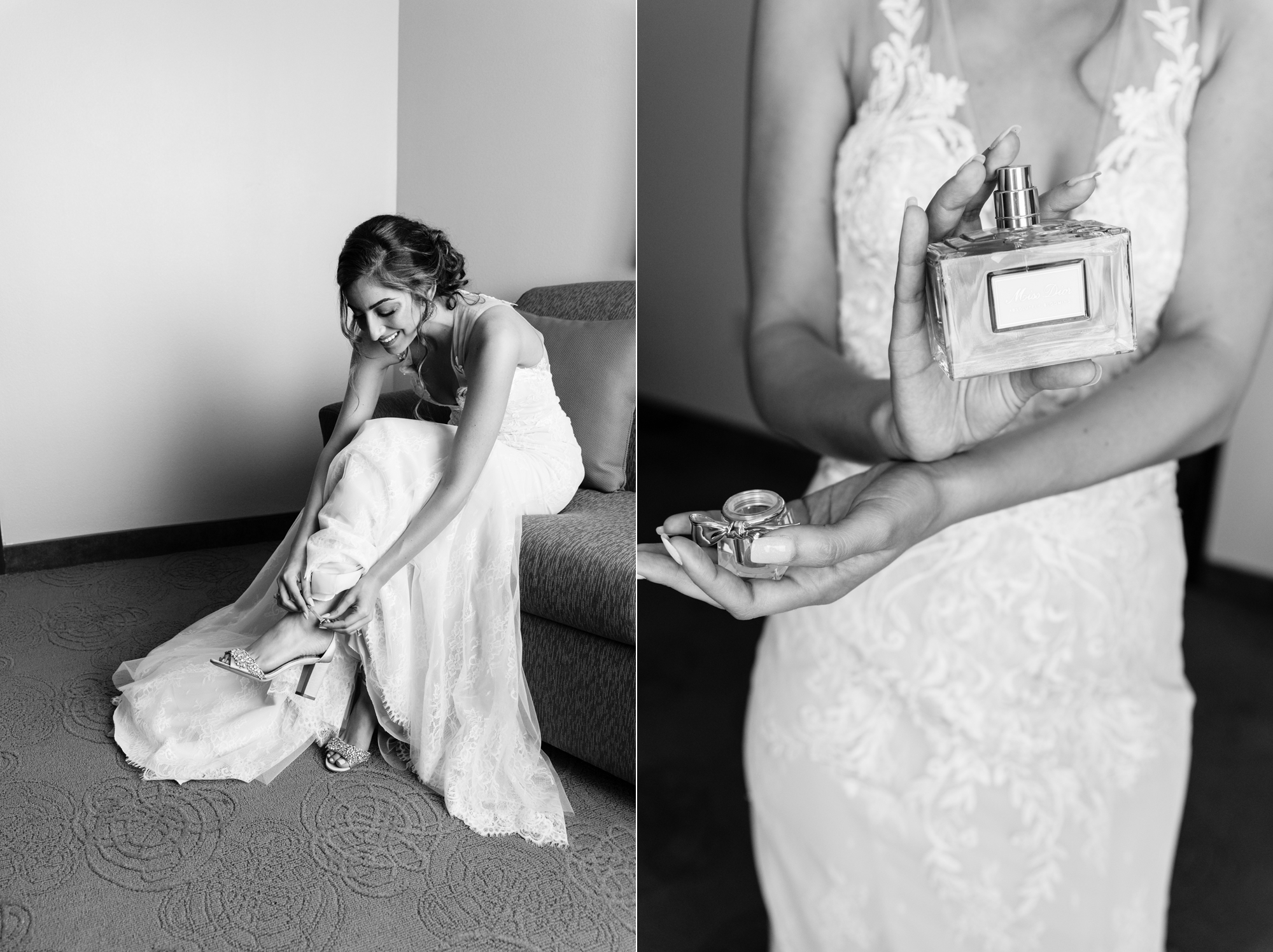 Bride getting ready for her wedding ceremony at the Basilica of the Sacred Heart on the campus of the University of Notre Dame