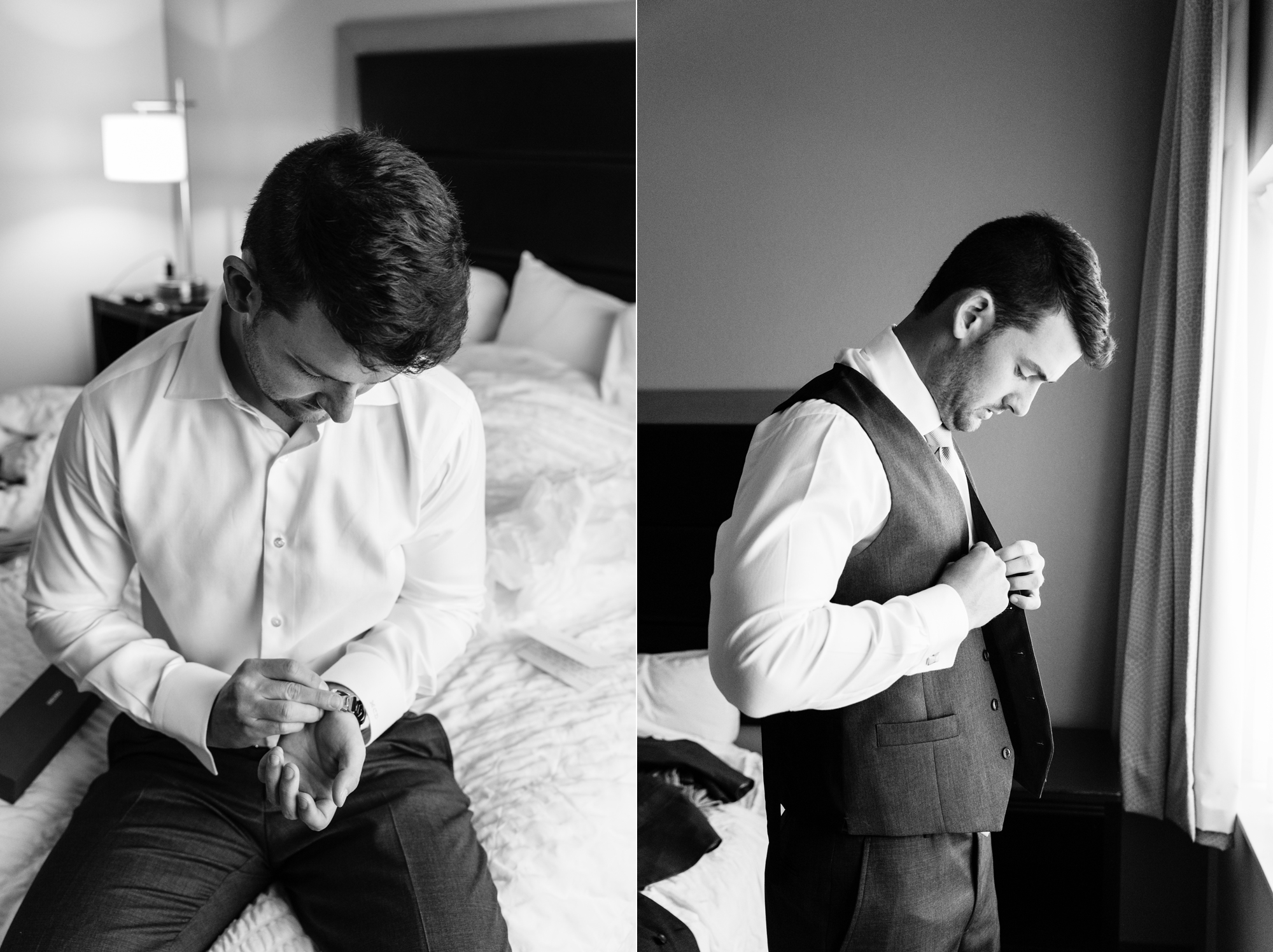 Groom getting ready for his wedding ceremony at the Basilica of the Sacred Heart on the campus of the University of Notre Dame