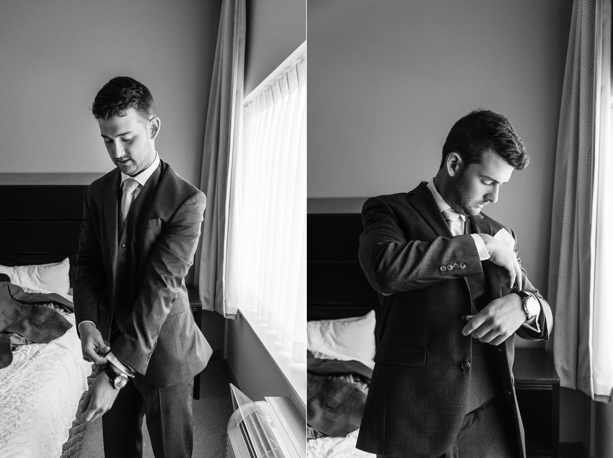 Groom getting ready for his wedding ceremony at the Basilica of the Sacred Heart on the campus of the University of Notre Dame