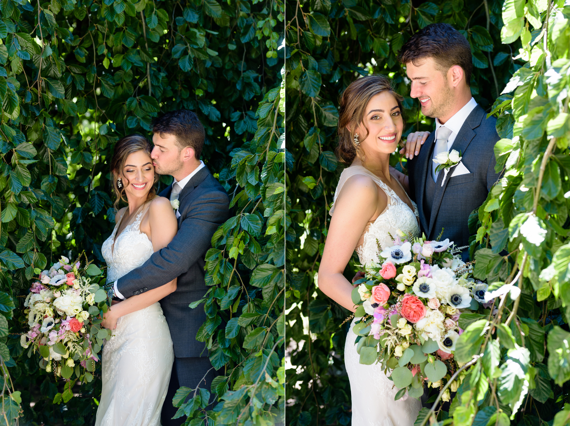 Bride & Groom in front of an exotic California inspired tree after their wedding ceremony at the Basilica of the Sacred Heart on the campus of the University of Notre Dame