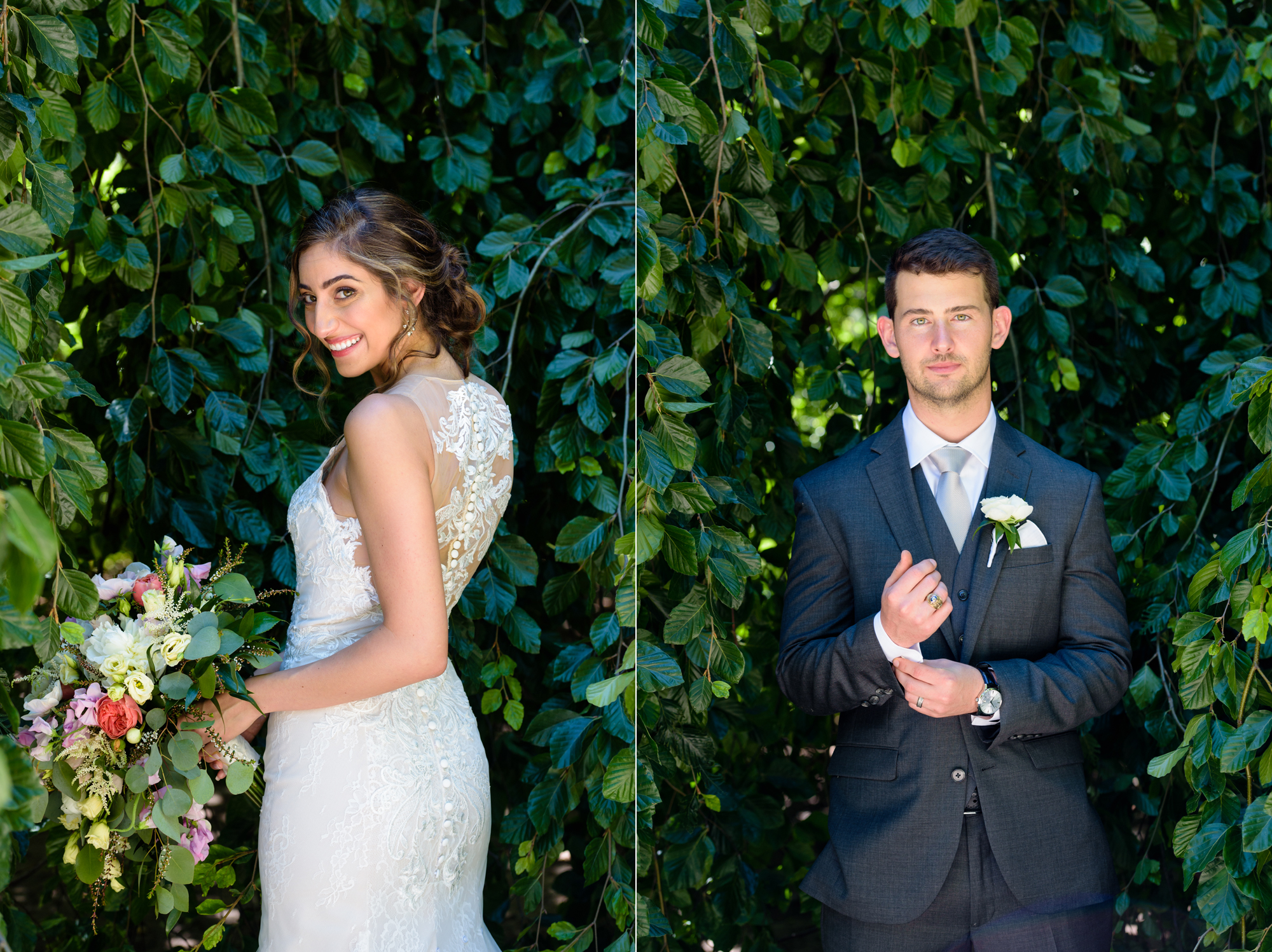 Bridal Party in front of an exotic California inspired tree after a wedding ceremony at the Basilica of the Sacred Heart on the campus of the University of Notre Dame