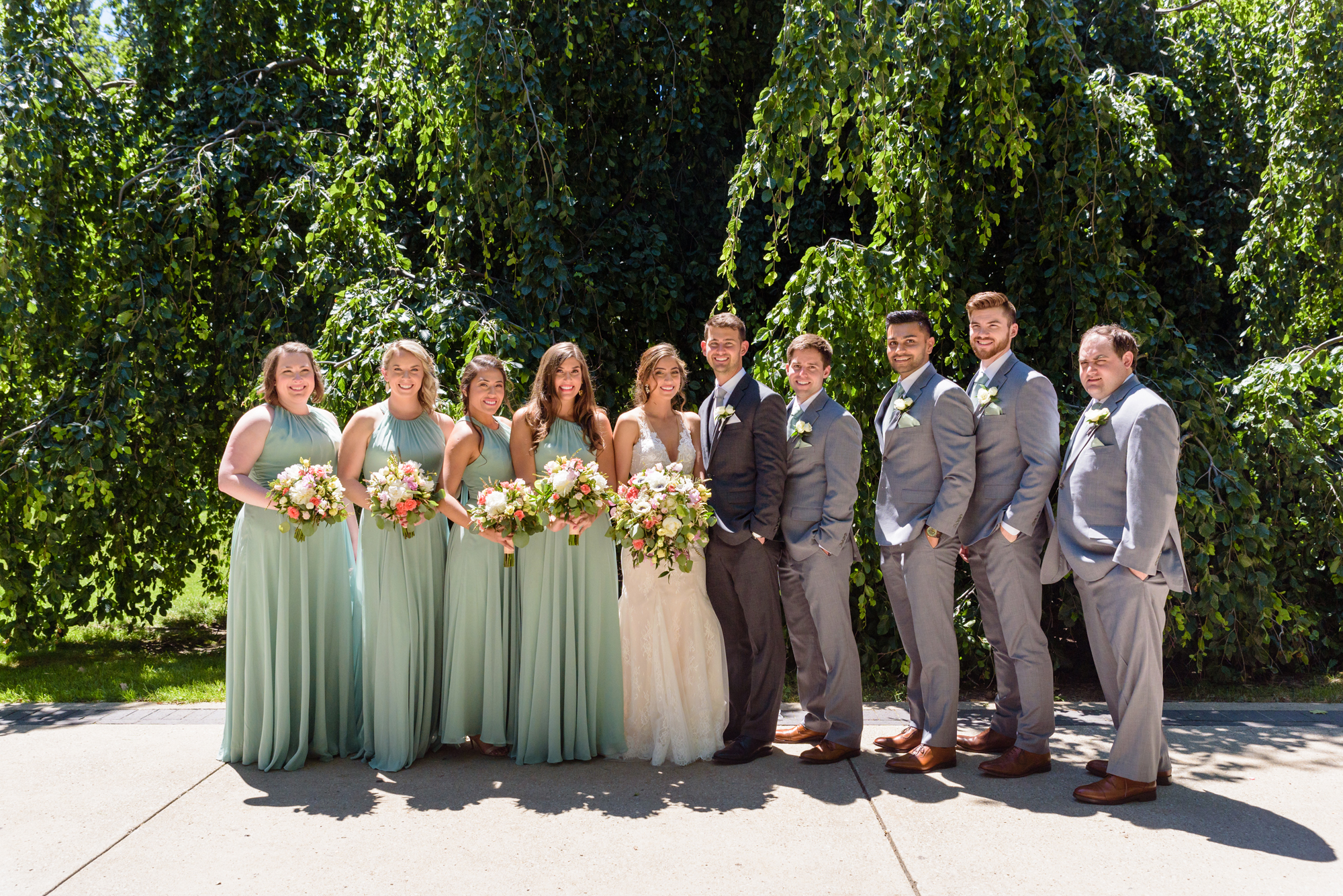 Bridal Party in front of an exotic California inspired tree after a wedding ceremony at the Basilica of the Sacred Heart on the campus of the University of Notre Dame