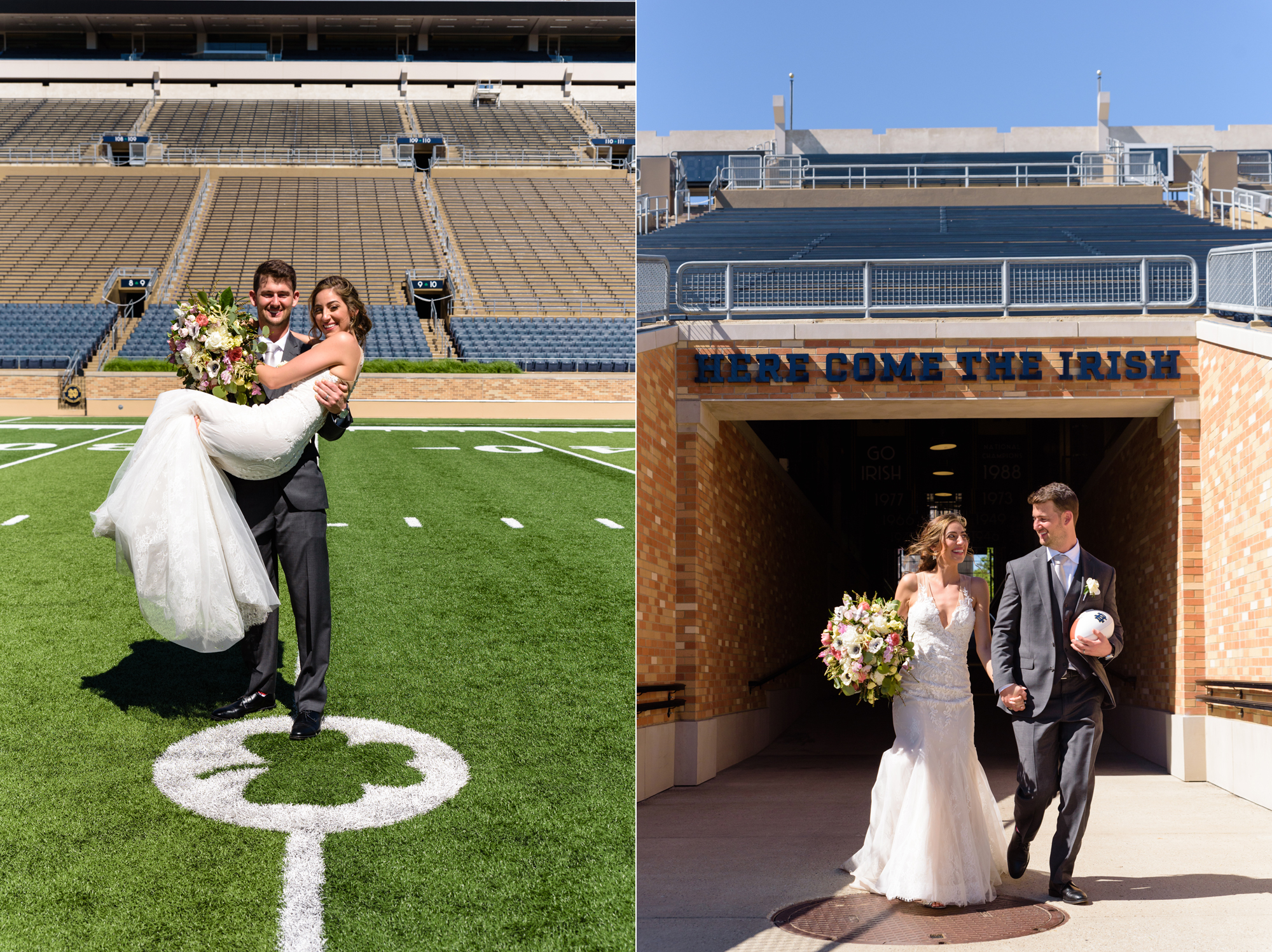 Bride & Groom in the Football Stadium after their wedding ceremony at the Basilica of the Sacred Heart on the campus of the University of Notre Dame