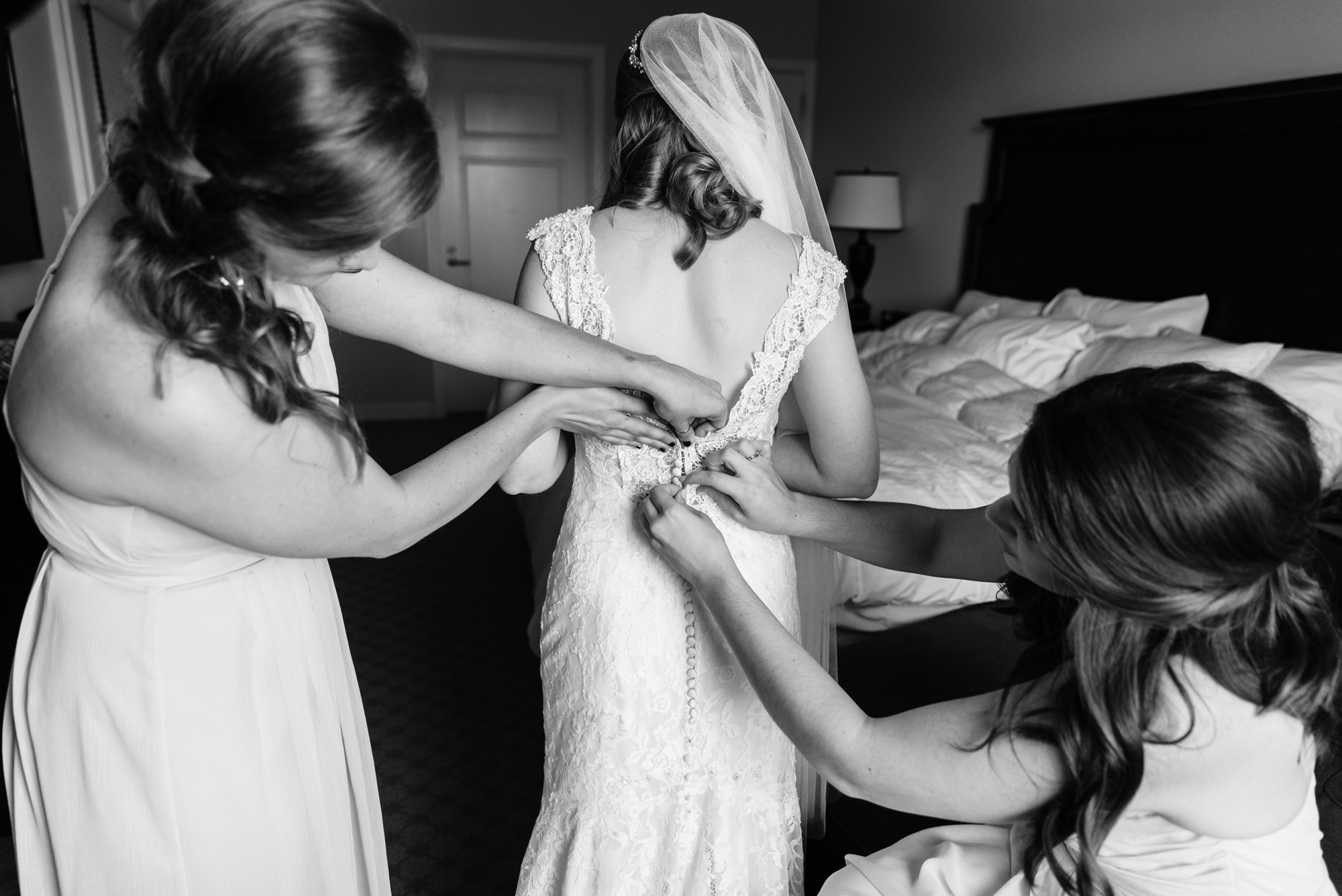 Bride getting ready for her wedding ceremony at the Basilica of the Sacred Heart on the campus of the University of Notre Dame