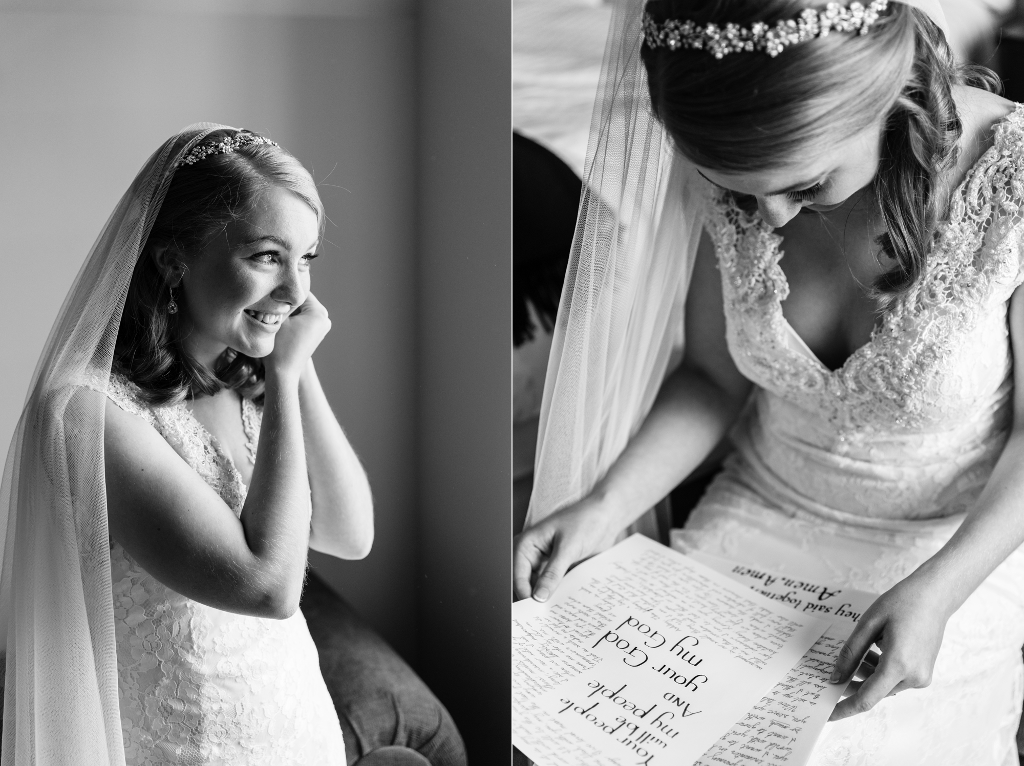 Bride getting ready for her wedding ceremony at the Basilica of the Sacred Heart on the campus of the University of Notre Dame