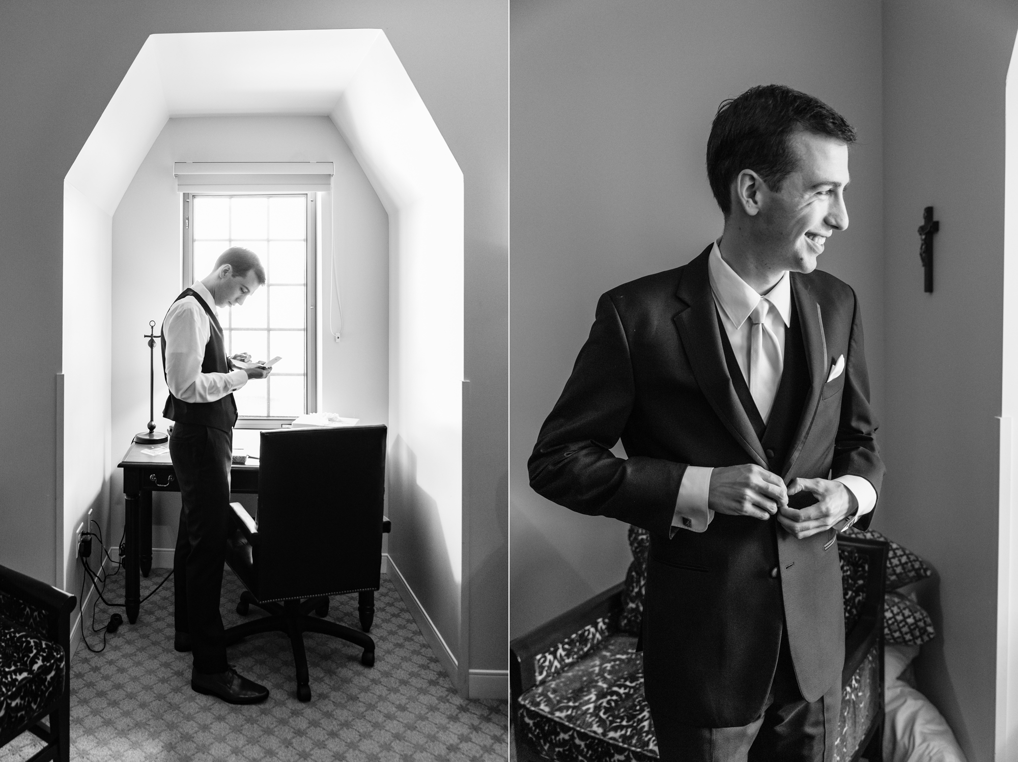 Groom getting ready for his wedding ceremony at the Basilica of the Sacred Heart on the campus of the University of Notre Dame