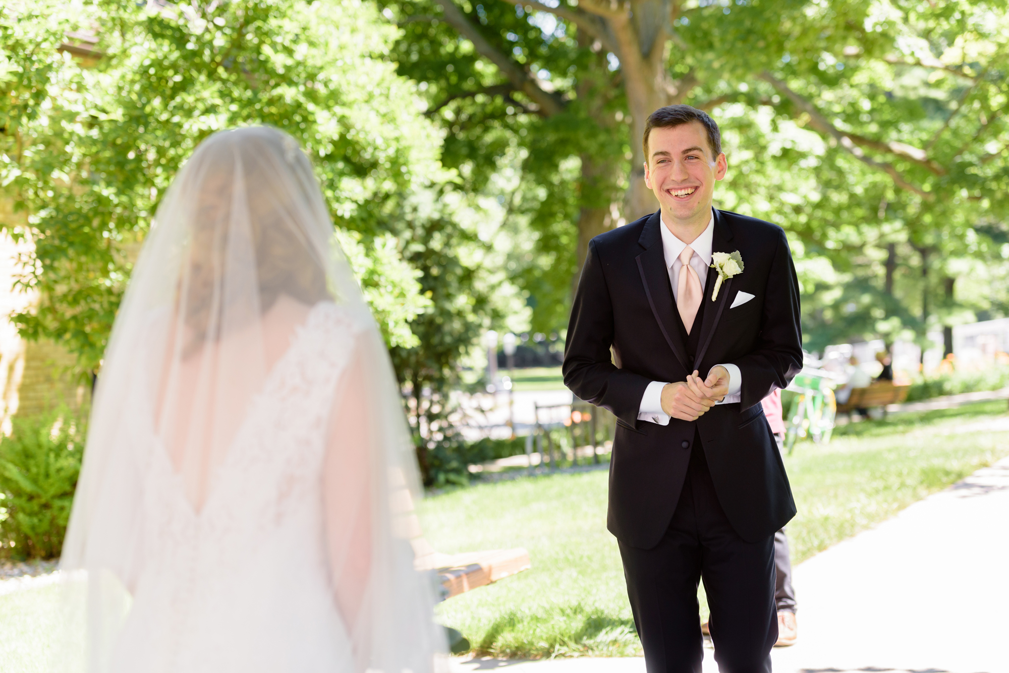 Bride & Groom first look before their wedding ceremony at the Basilica of the Sacred Heart on the campus of the University of Notre Dame