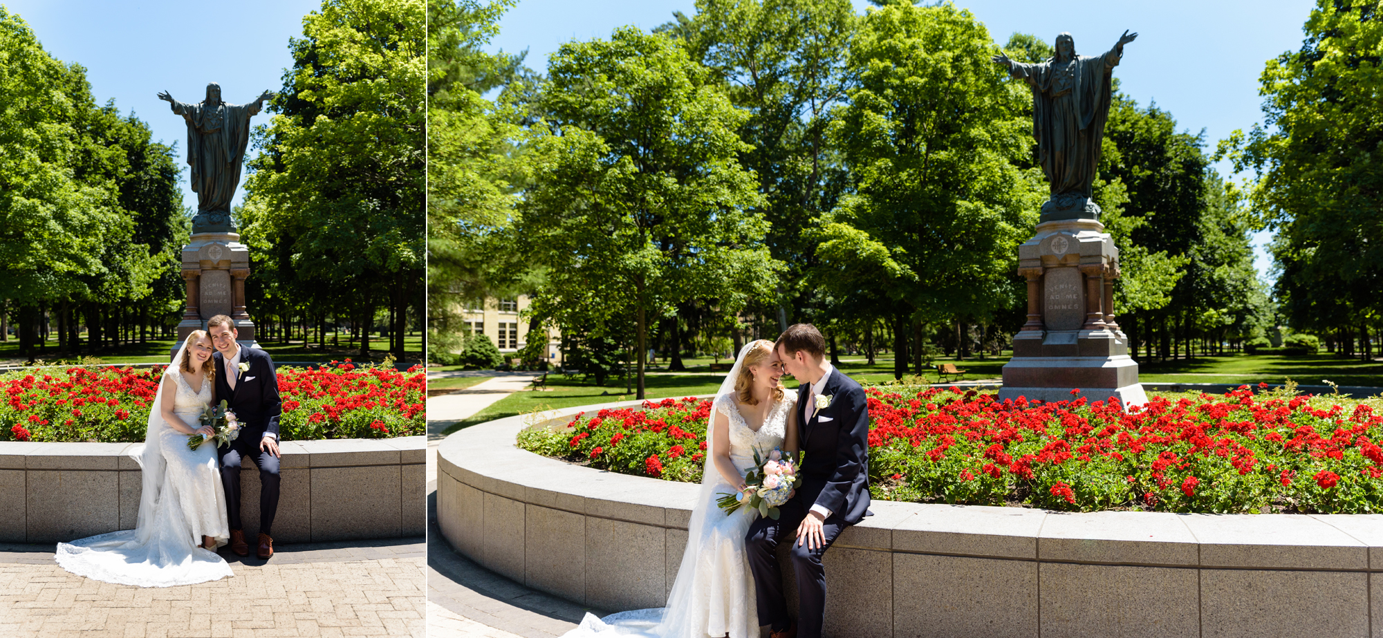 Bride & Groom in front of Sacred Heart Statue after their wedding ceremony at the Basilica of the Sacred Heart on the campus of the University of Notre Dame