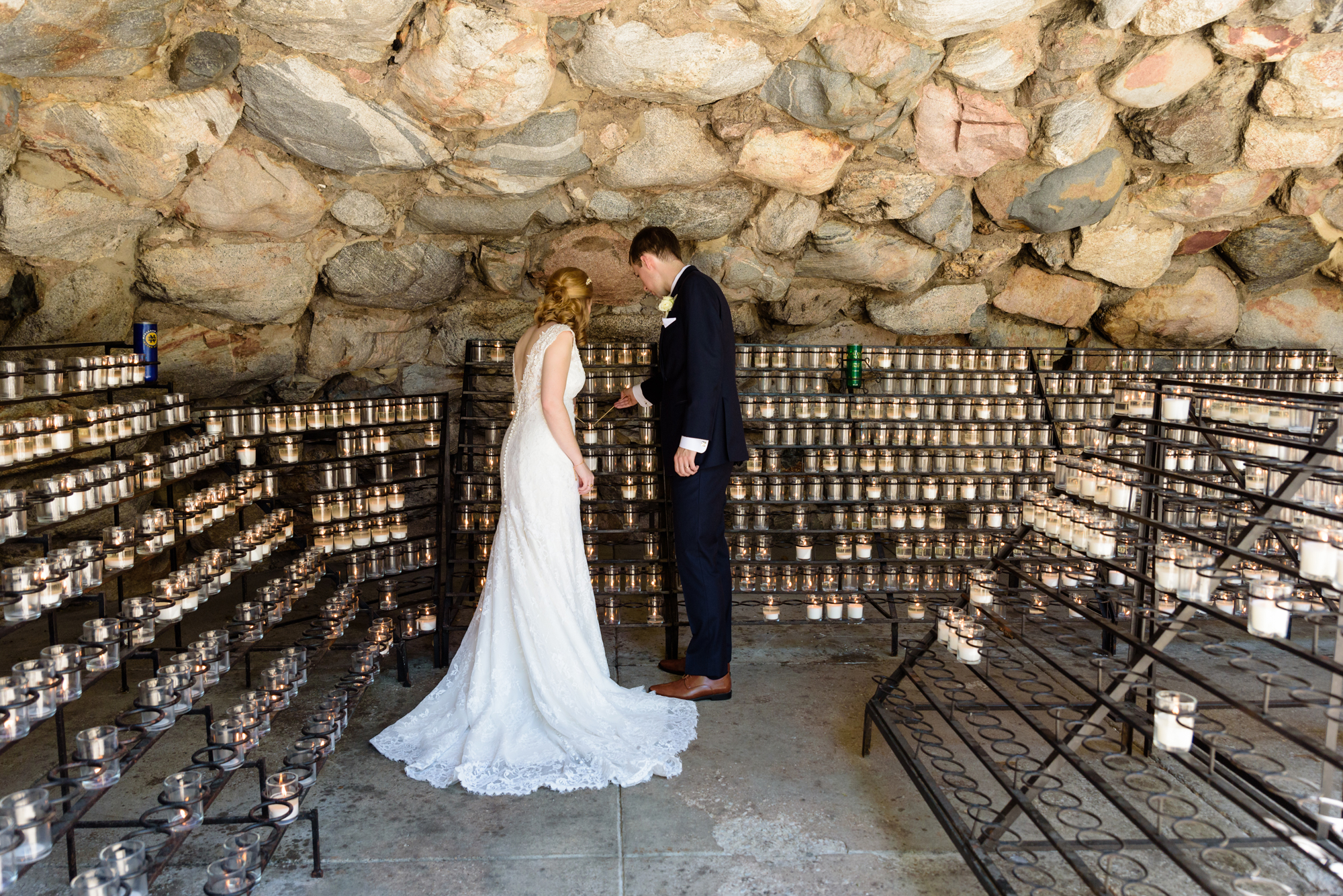 Bride & Groom at the Grotto after their wedding ceremony at the Basilica of the Sacred Heart on the campus of the University of Notre Dame