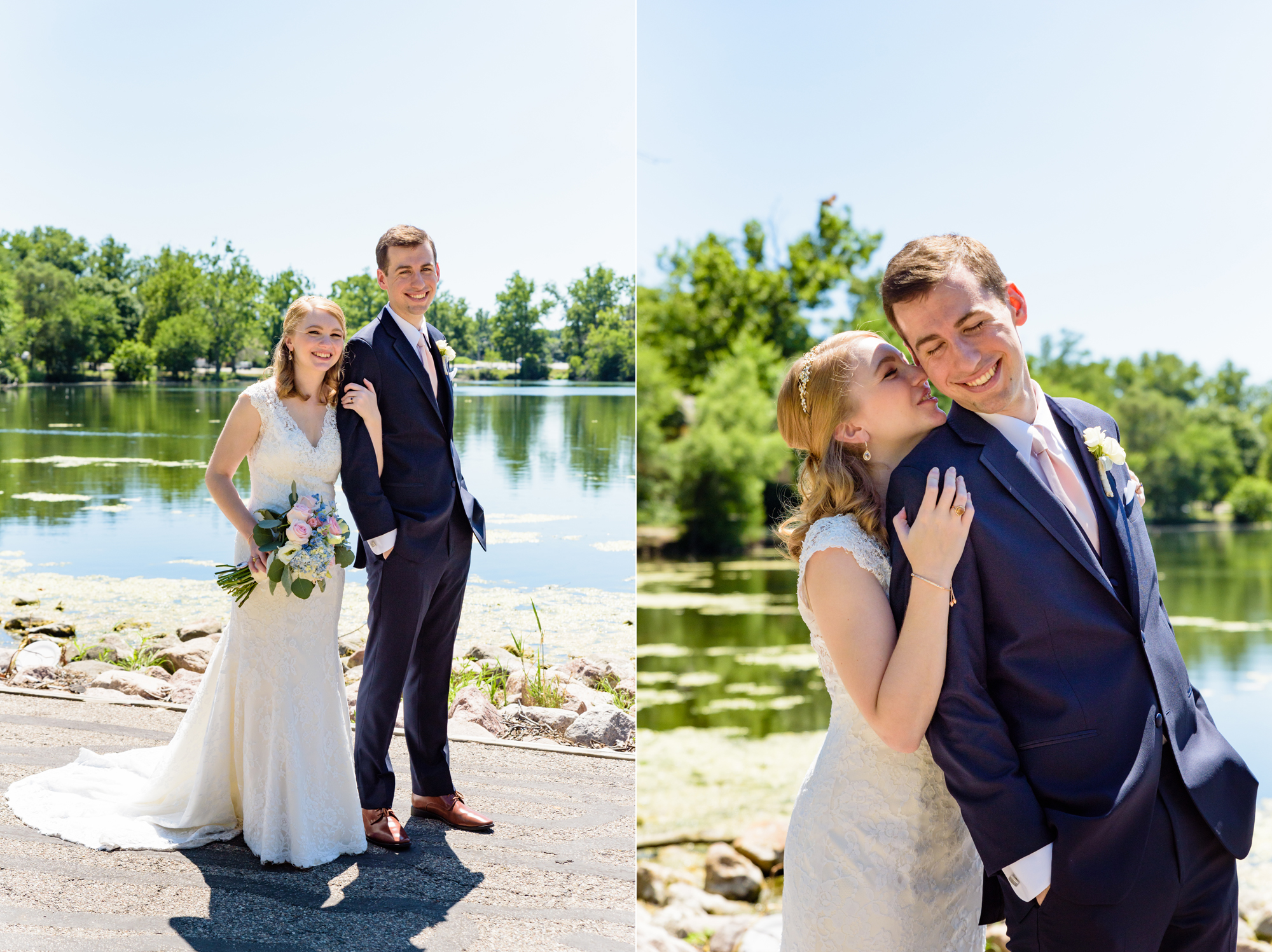 Bride & Groom at St Mary's Lake after their wedding ceremony at the Basilica of the Sacred Heart on the campus of the University of Notre Dame