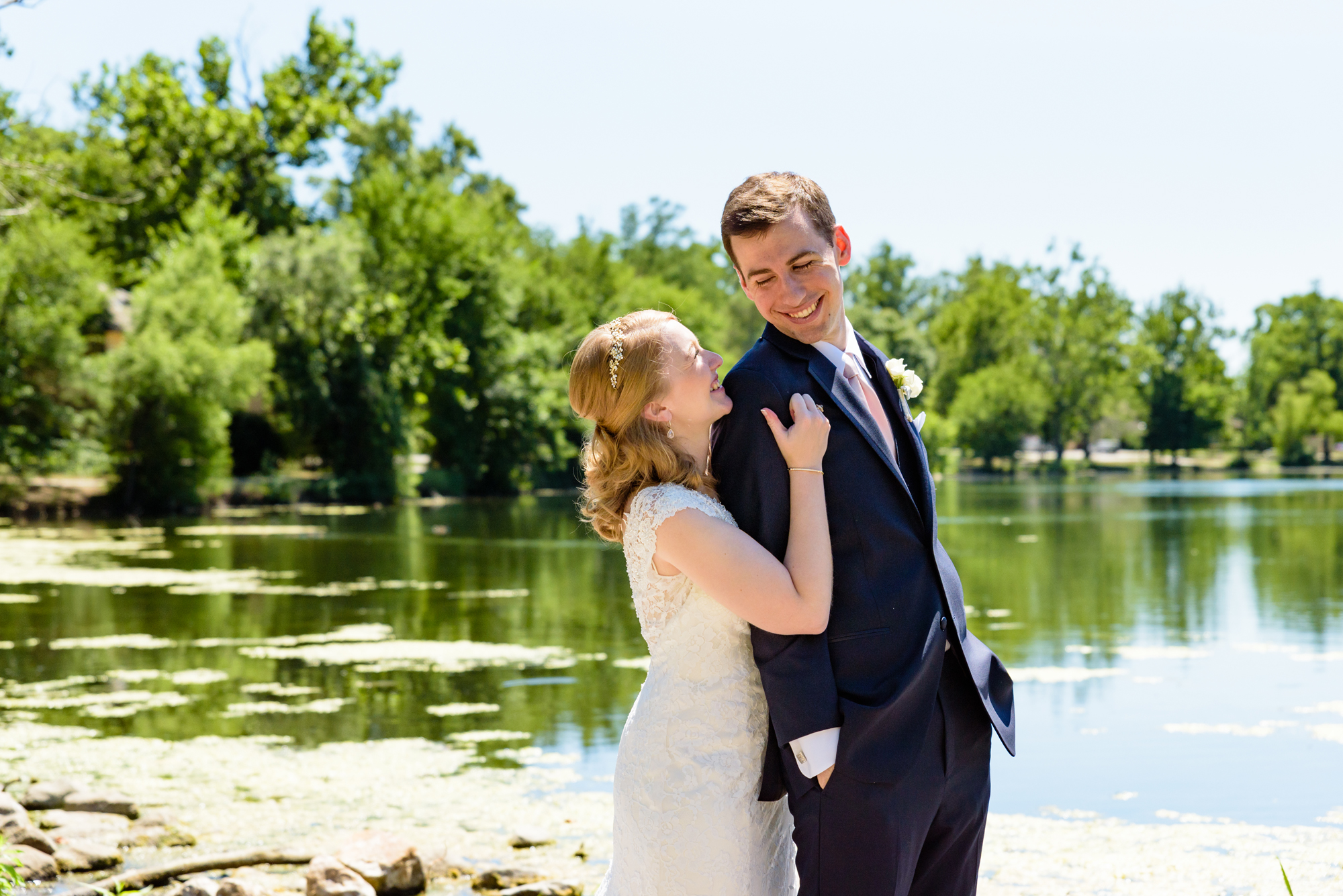 Bride & Groom at St Mary's Lake after their wedding ceremony at the Basilica of the Sacred Heart on the campus of the University of Notre Dame