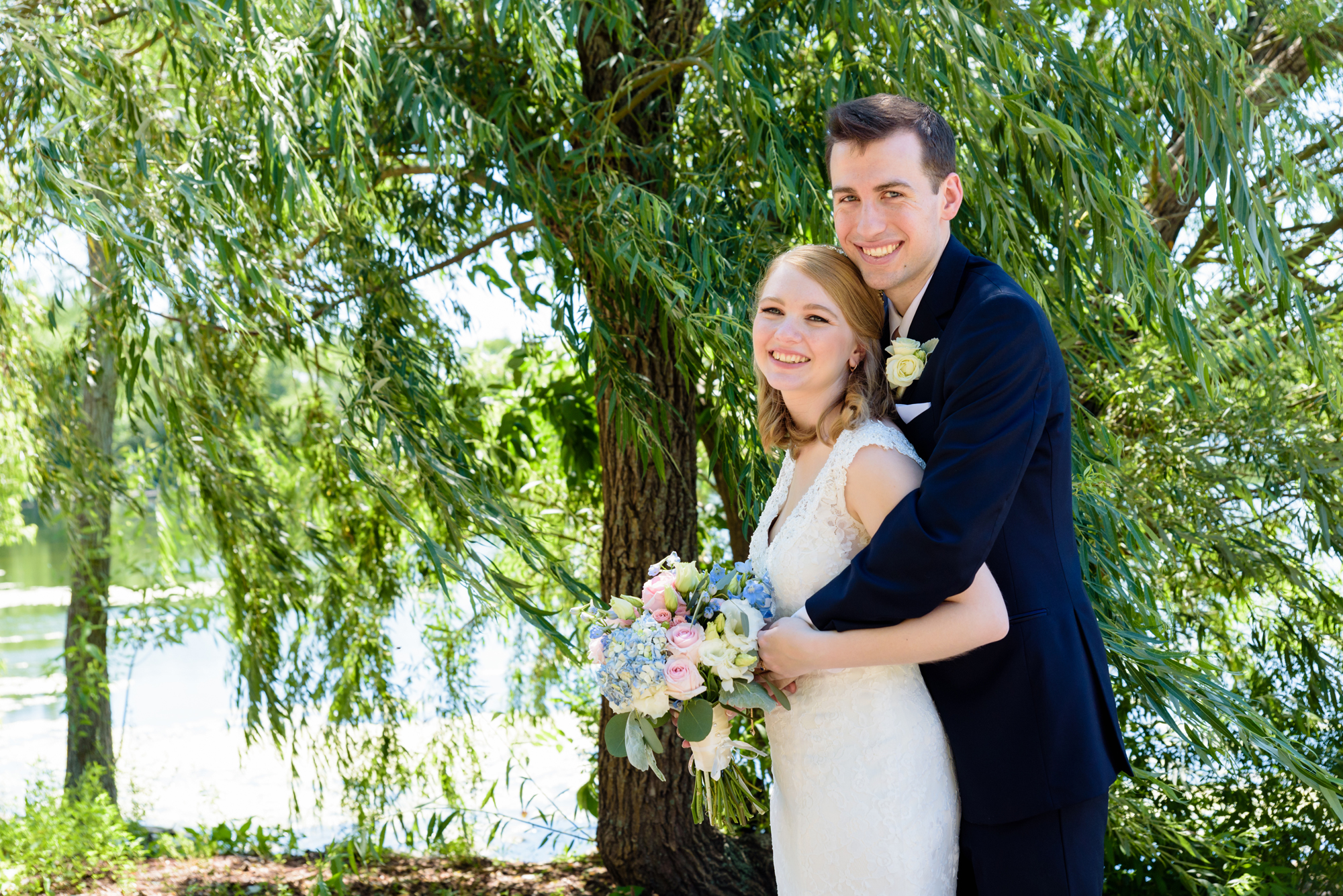 Bride & Groom at St Mary's Lake after their wedding ceremony at the Basilica of the Sacred Heart on the campus of the University of Notre Dame