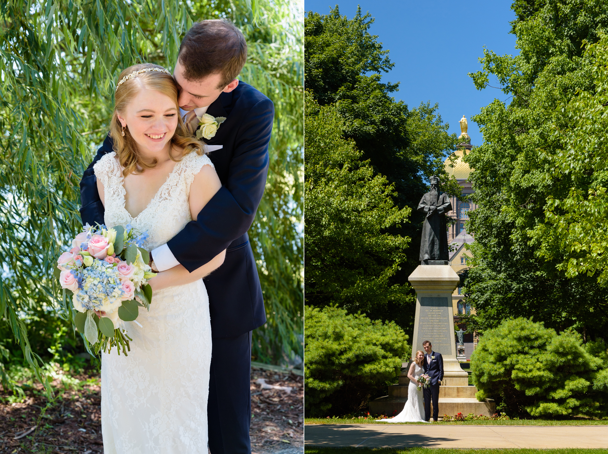 Bride & Groom in front of Father Sorin statue after their wedding ceremony at the Basilica of the Sacred Heart on the campus of the University of Notre Dame