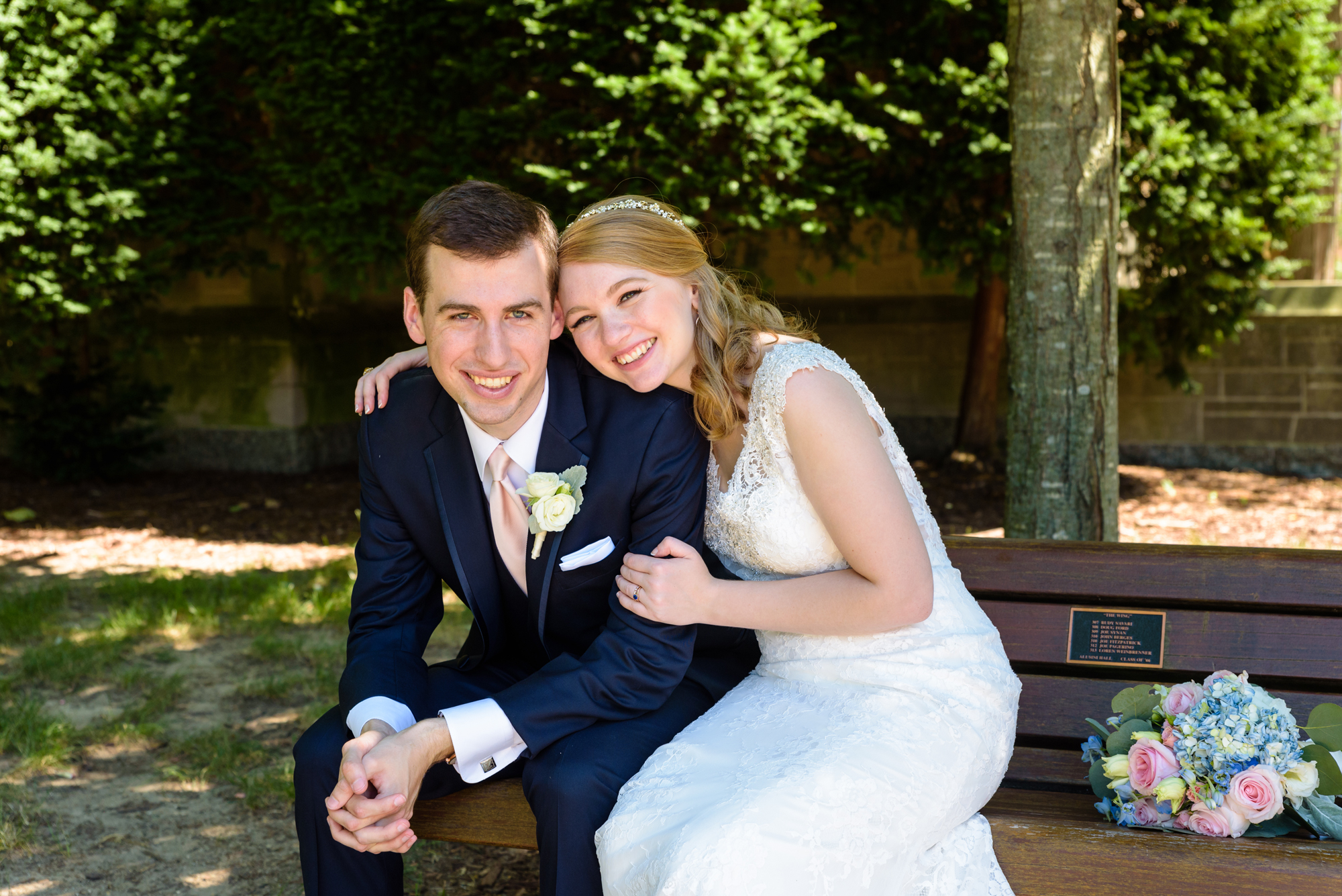 Bride & Groom on South Quad after their wedding ceremony at the Basilica of the Sacred Heart on the campus of the University of Notre Dame