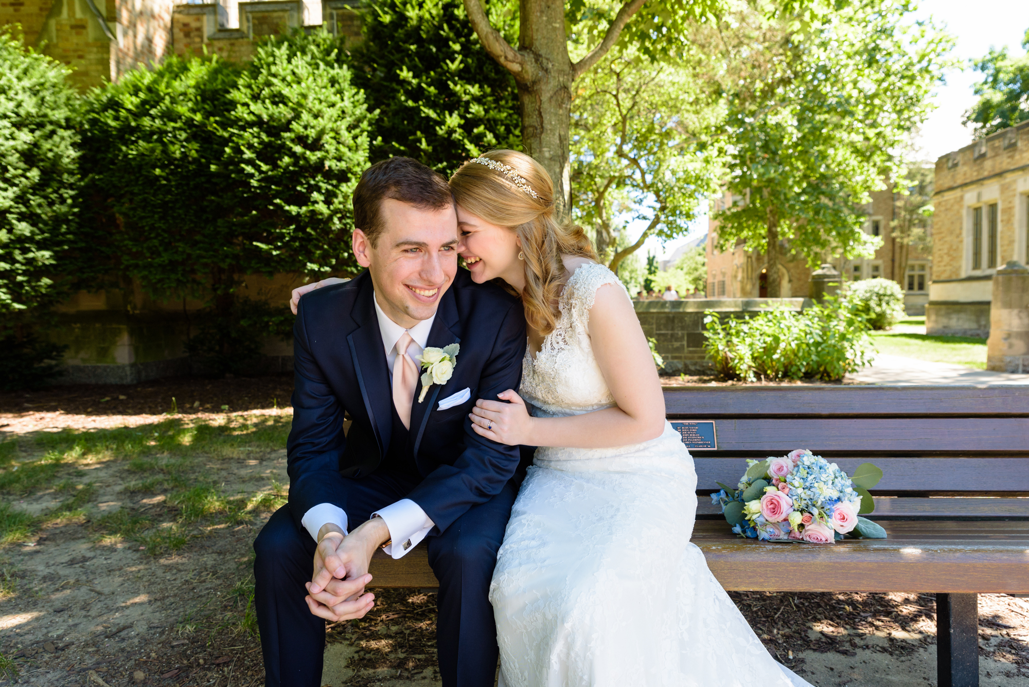 Bride & Groom on South Quad after their wedding ceremony at the Basilica of the Sacred Heart on the campus of the University of Notre Dame