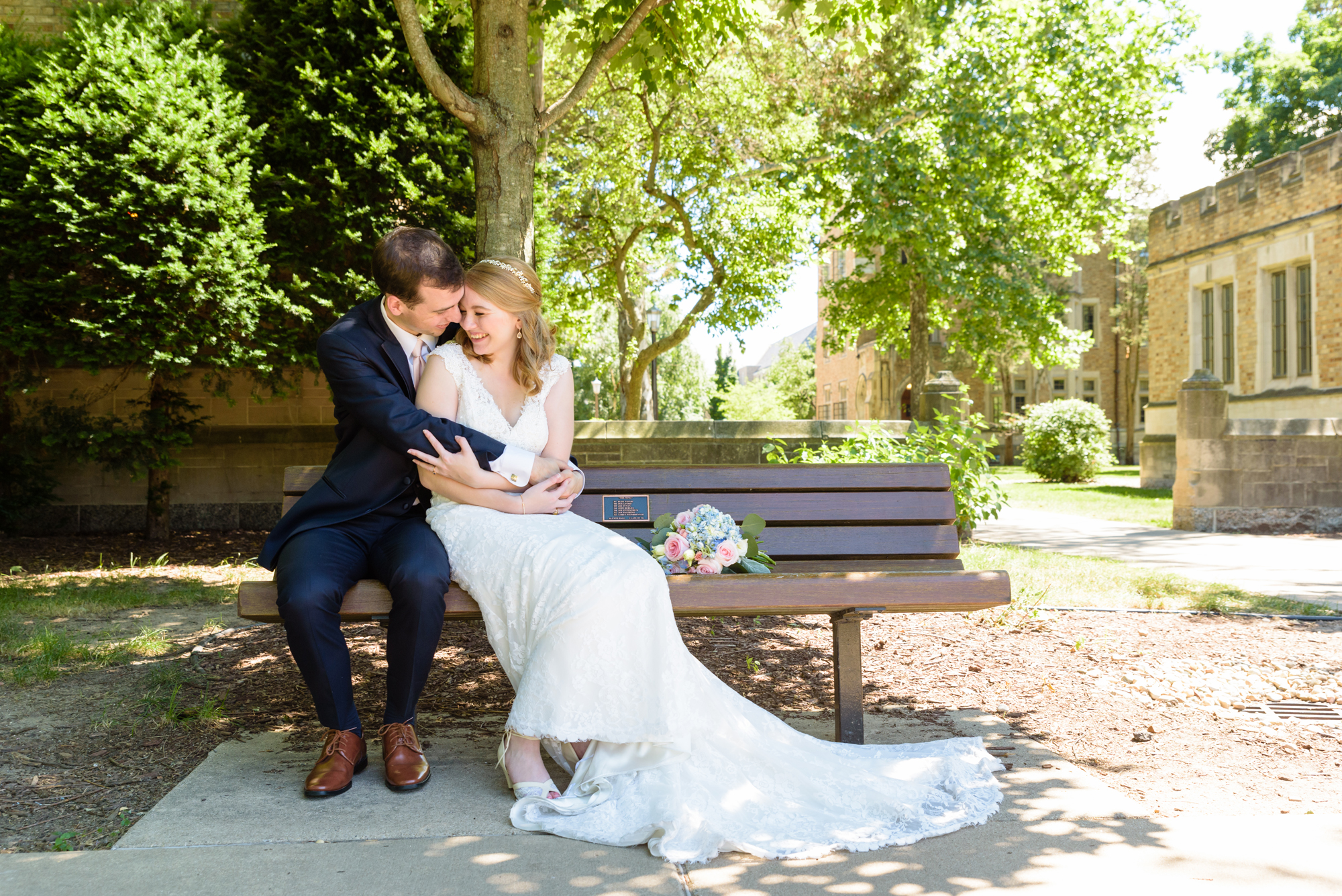 Bride & Groom on South Quad after their wedding ceremony at the Basilica of the Sacred Heart on the campus of the University of Notre Dame