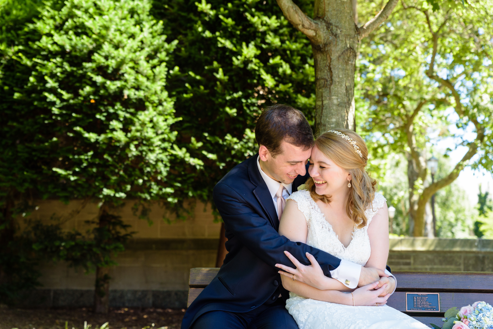 Bride & Groom on South Quad after their wedding ceremony at the Basilica of the Sacred Heart on the campus of the University of Notre Dame