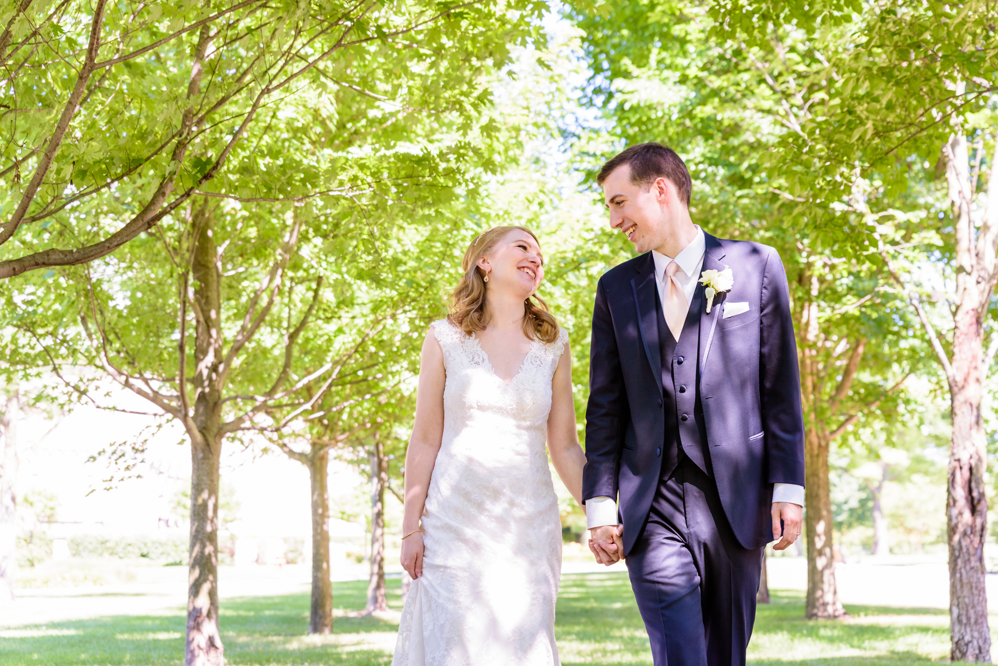 Bride & Groom on Irish Green after their wedding ceremony at the Basilica of the Sacred Heart on the campus of the University of Notre Dame