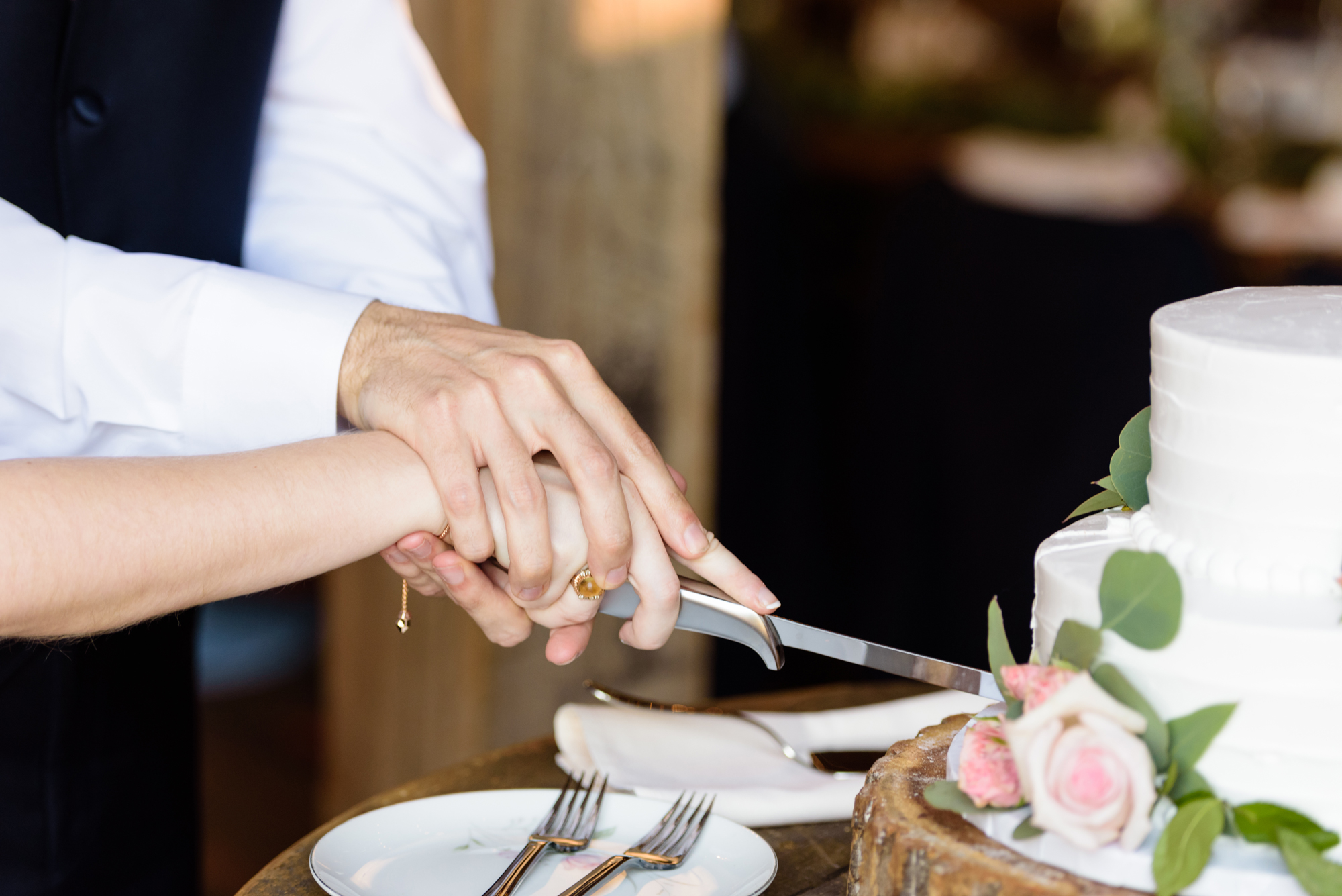 Bride & Groom’s cake cutting at a Wedding Reception at Blissful Barn