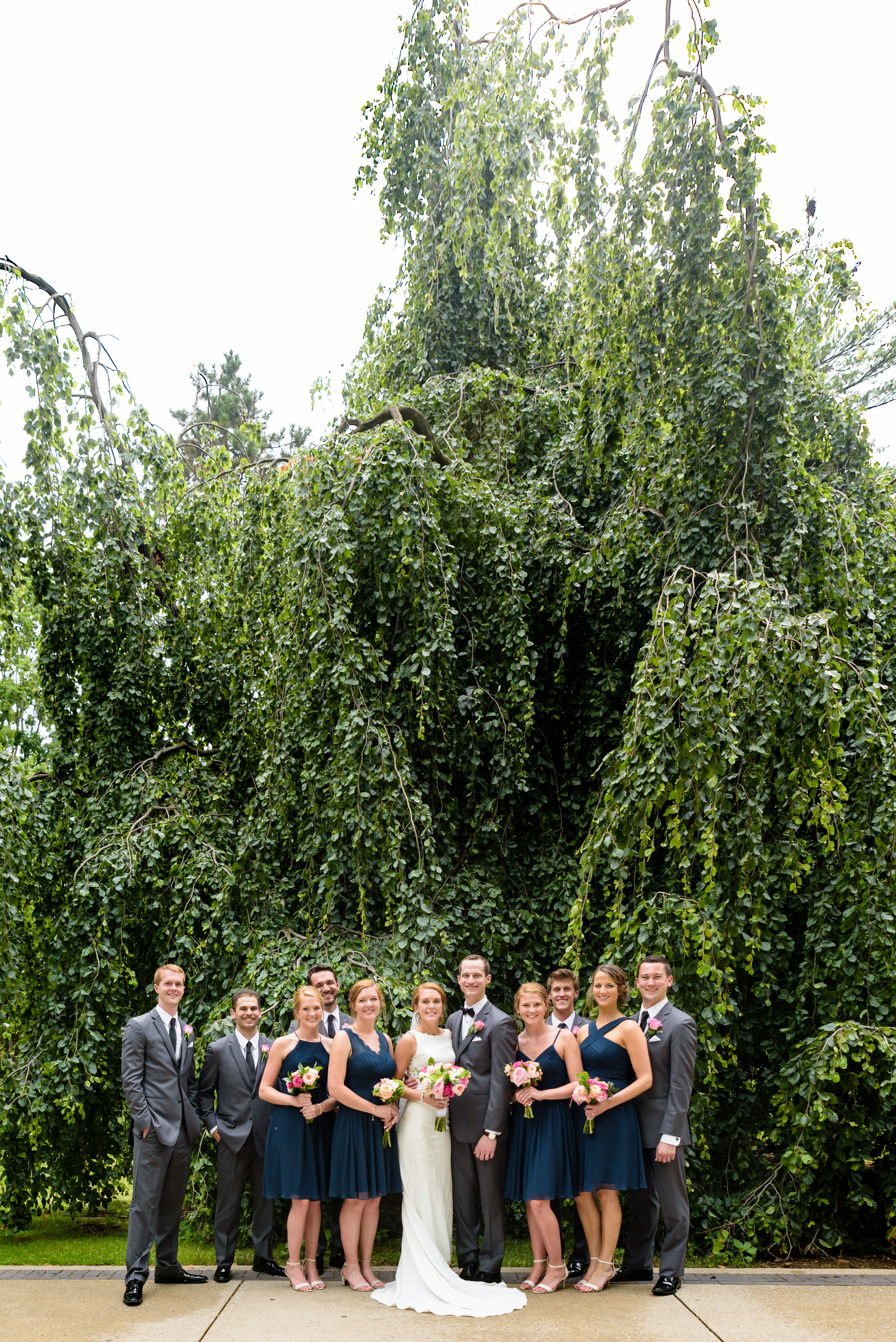 Bridal Party in front of an exotic California inspired tree after a wedding ceremony at the Basilica of the Sacred Heart on the campus of the University of Notre Dame