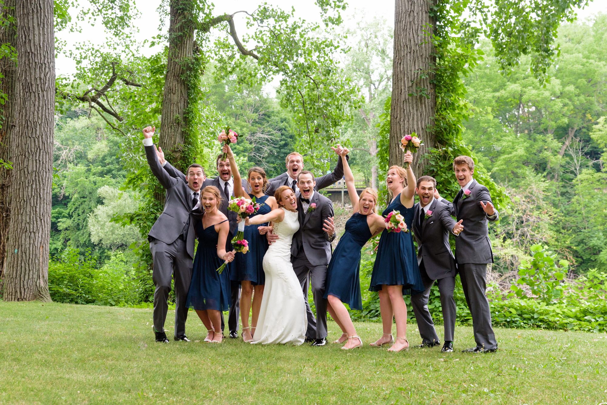 Bridal Party at Leeper Park after their wedding ceremony at the Basilica of the Sacred Heart on the campus of the University of Notre Dame