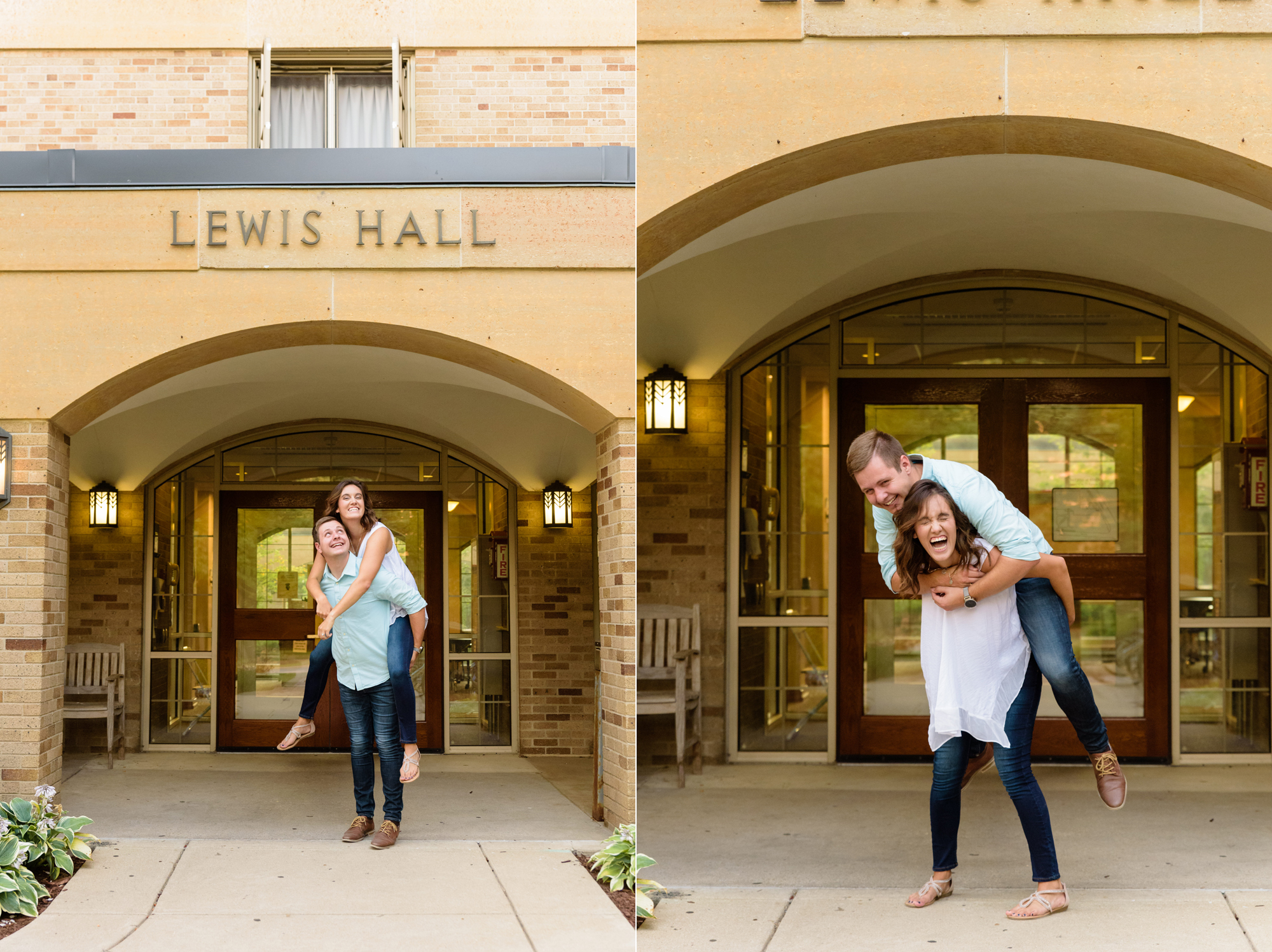 Engaged couple in front of Lewis Hall on the campus of the University of Notre Dame