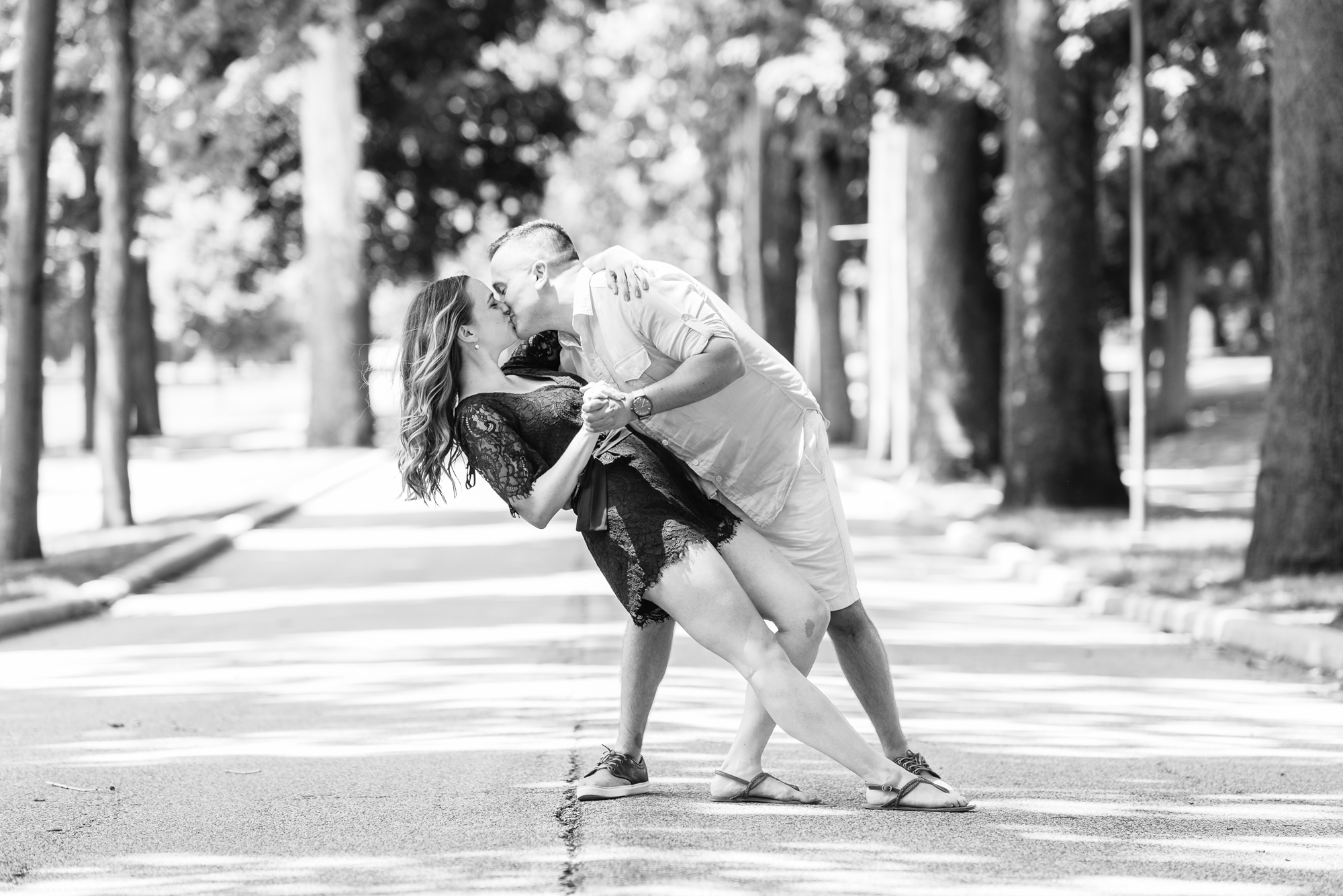 Engaged couple dancing on the Avenue on the campus of Saint Mary’s College