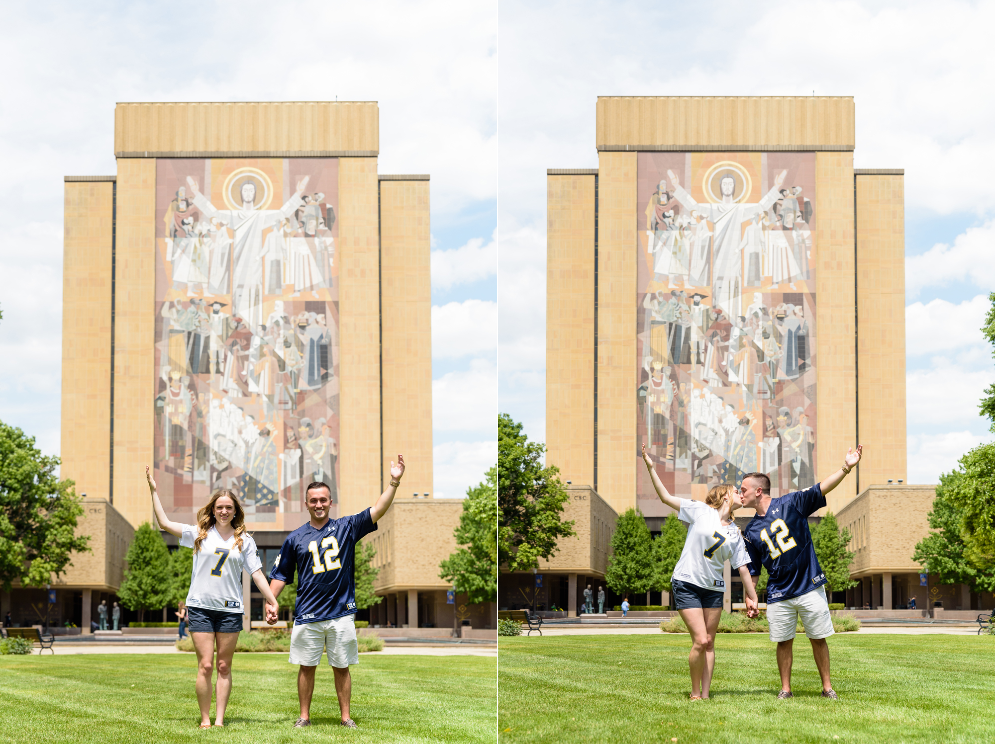 Engaged couple in front of Touchdown Jesus on the campus of the University of Notre Dame