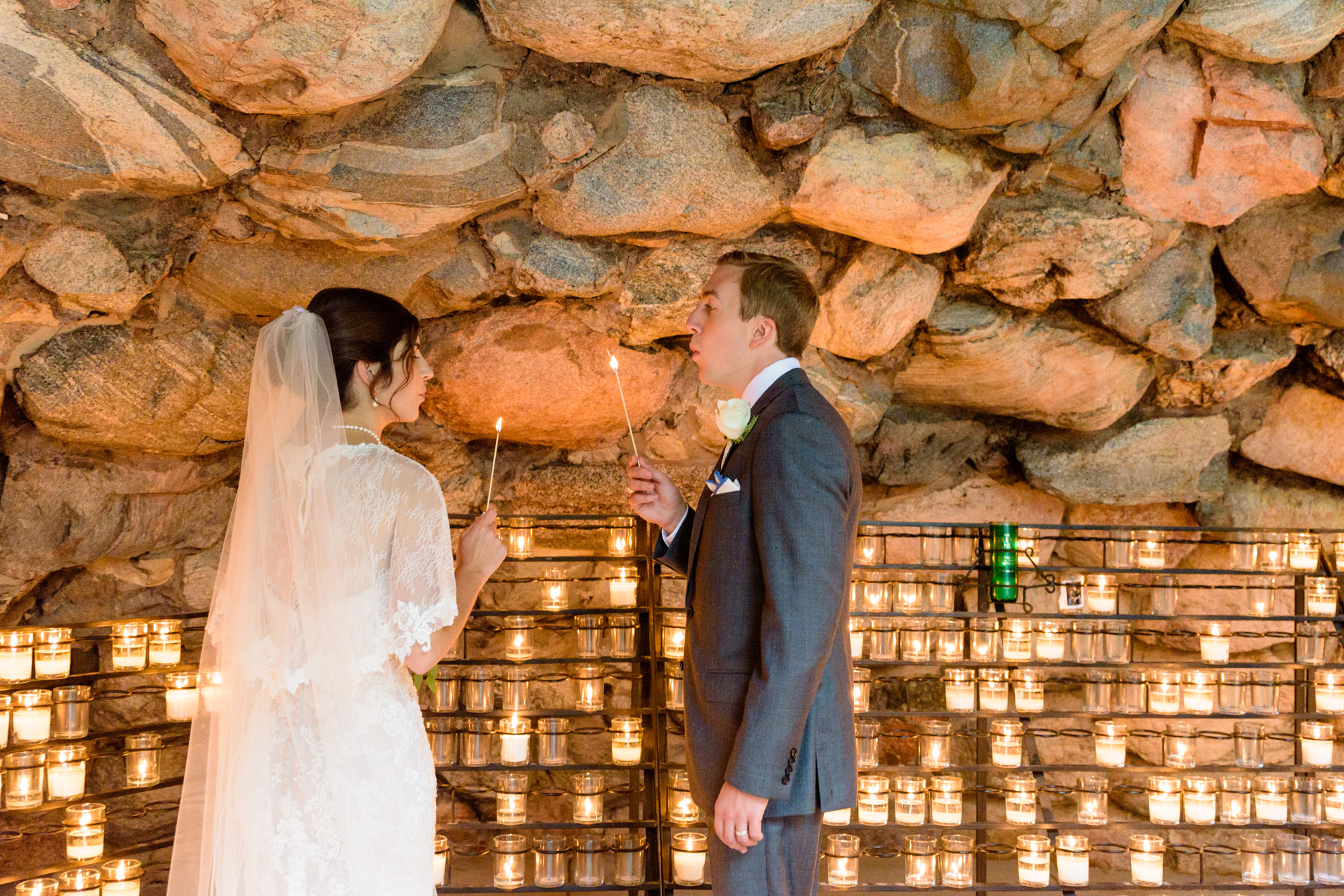 Bride & Groom at the Grotto after their wedding ceremony at the Basilica of the Sacred Heart on the campus of the University of Notre Dame