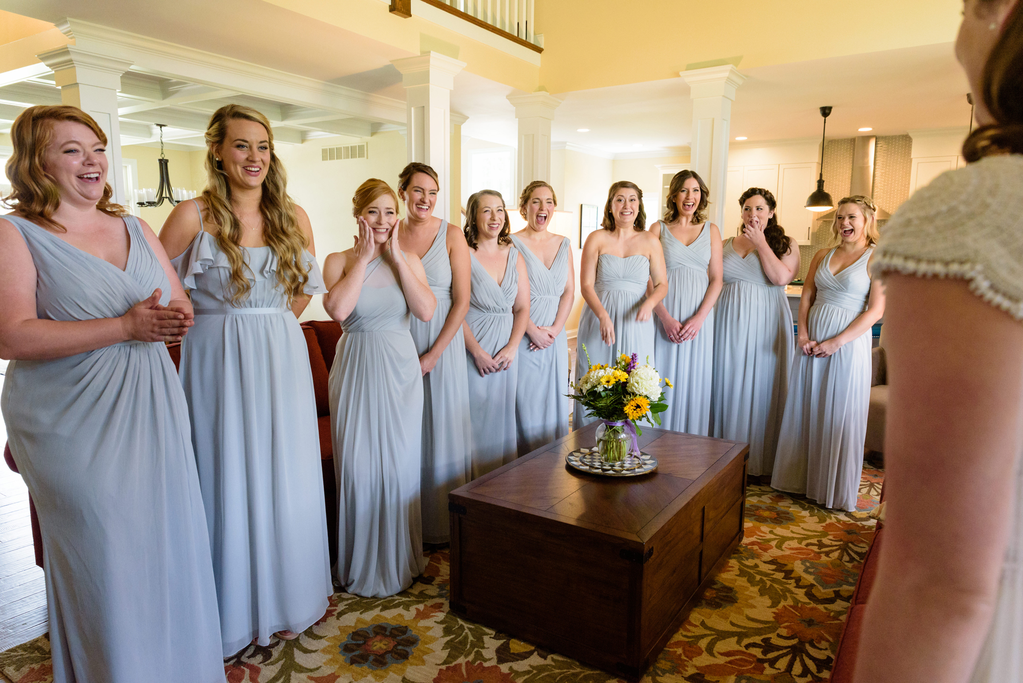 Bridesmaid reveal before a wedding ceremony at the Basilica of the Sacred Heart on the campus of the University of Notre Dame