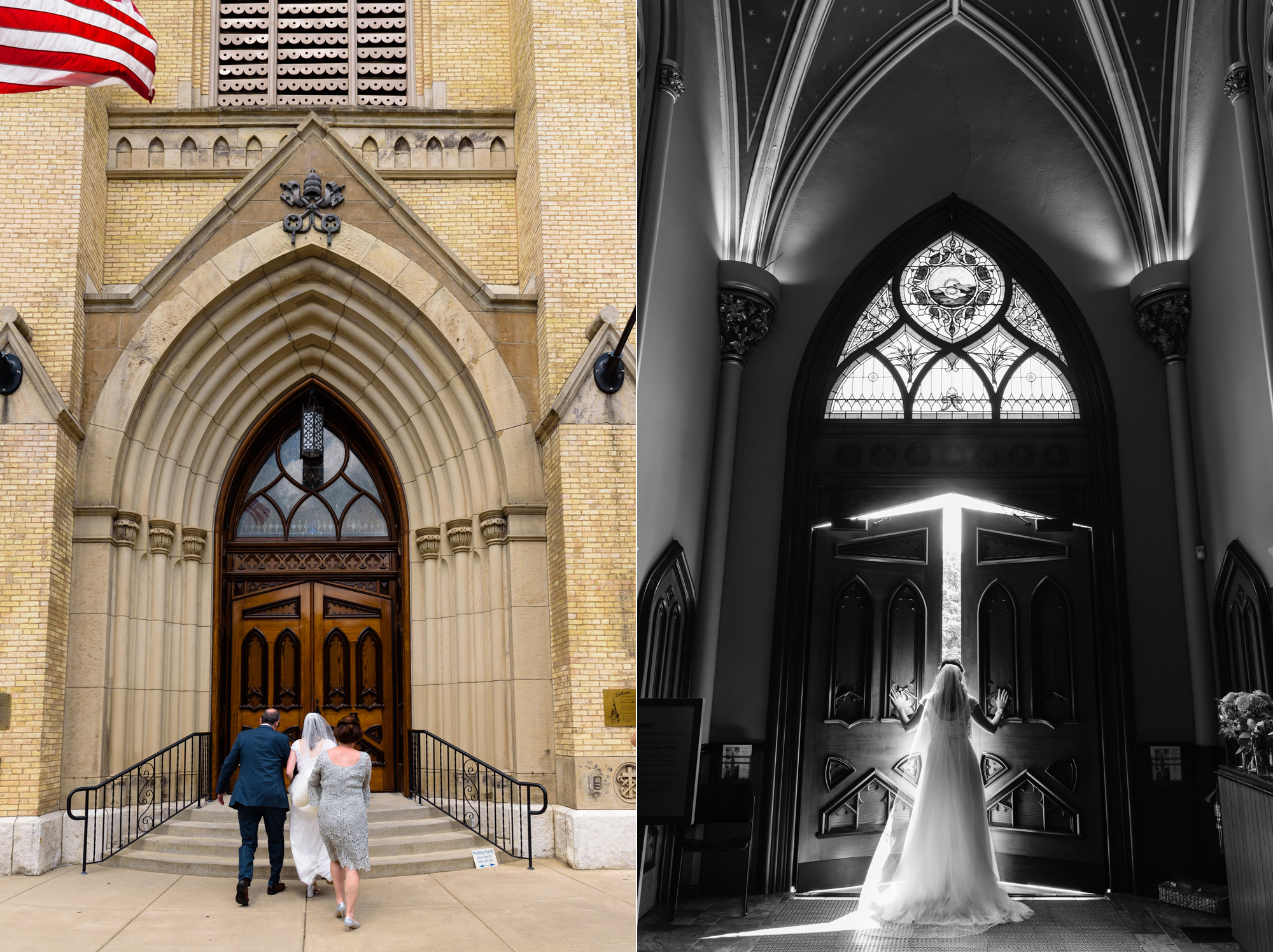 Bride in the vestibule before her wedding ceremony at the Basilica of the Sacred Heart on the campus of the University of Notre Dame
