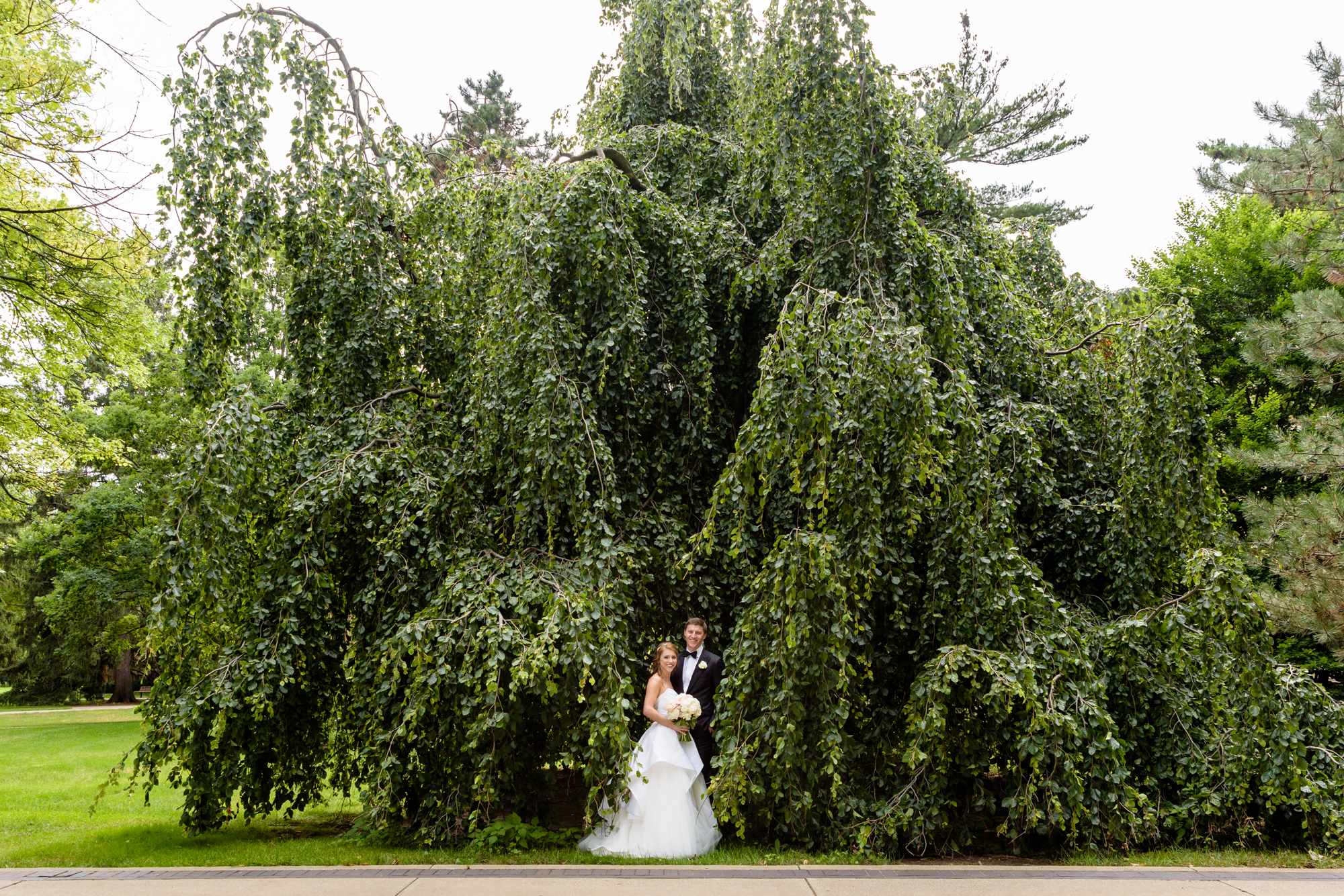 Bride & Groom in front of an exotic California inspired tree after their wedding ceremony at the Basilica of the Sacred Heart on the campus of the University of Notre Dame