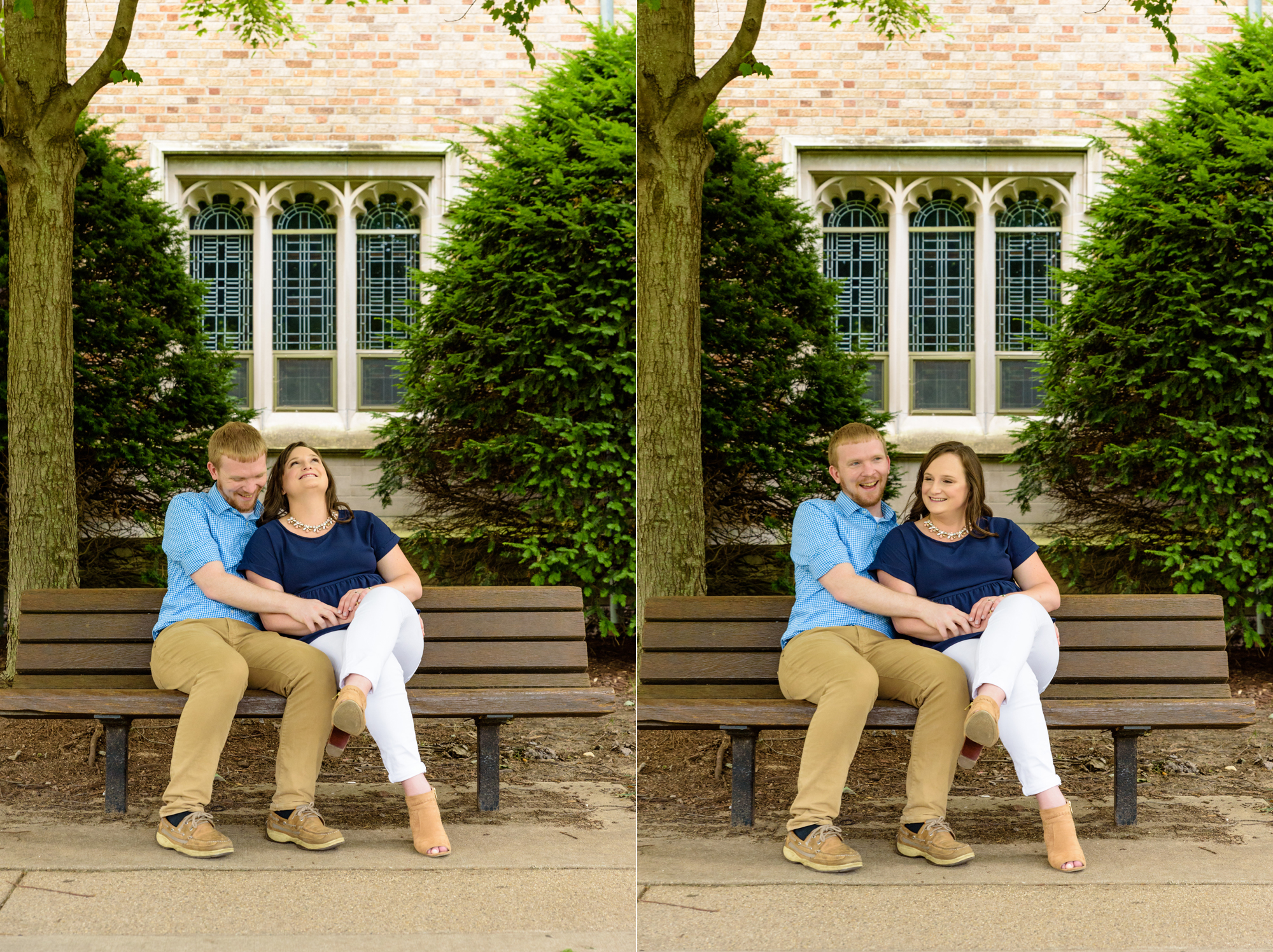 Engaged couple in front of Alumni Hall South Quad on the campus of the University of Notre Dame